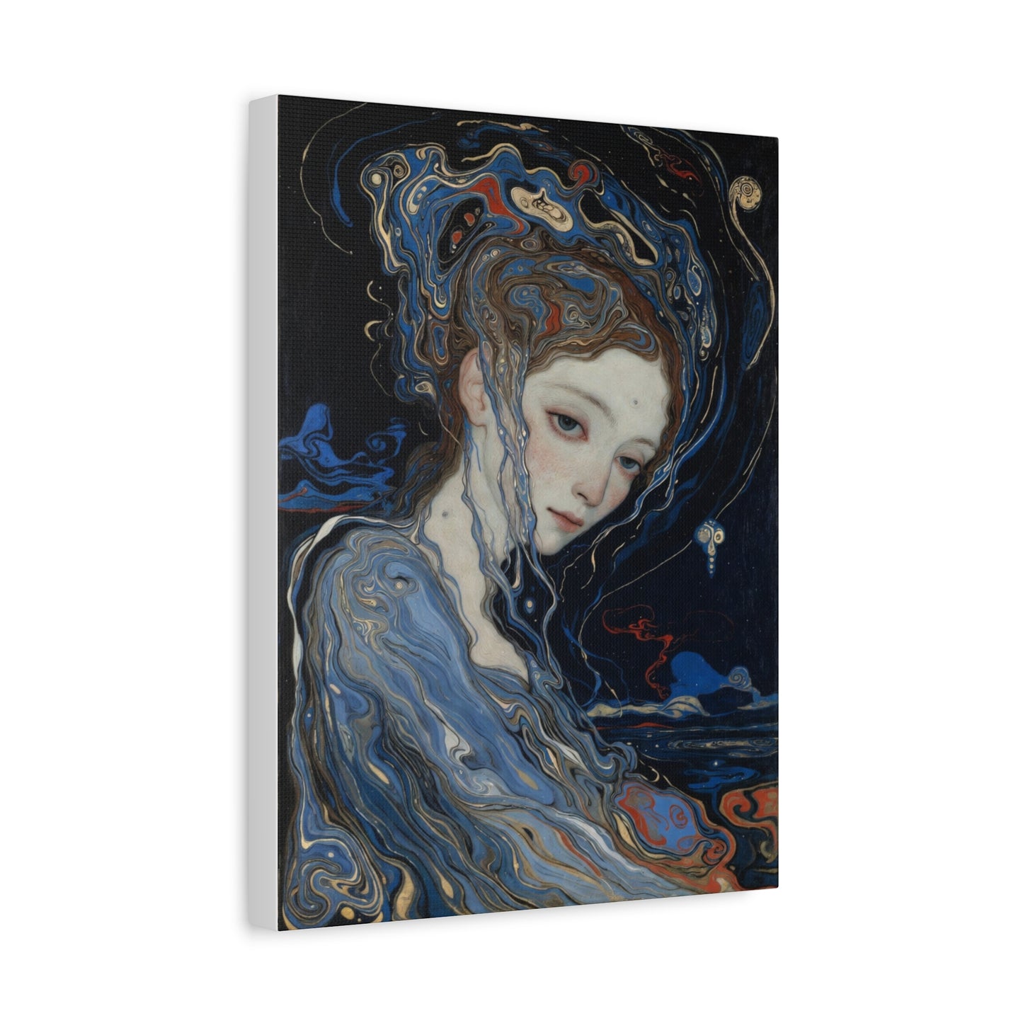 Ethereal Siren Matte Canvas Wall Art — Surreal Blue Portrait, Stretched 1.25"