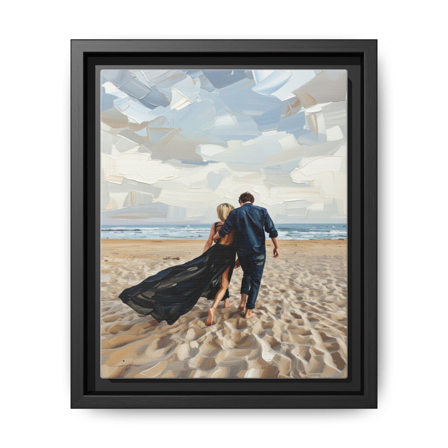 Framed Canvas Wall Art — Romantic Couple Walking on Beach Print