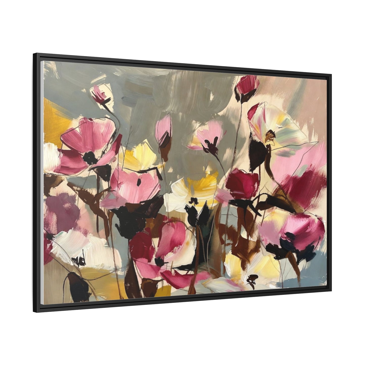 Framed Floral Canvas Wall Art — Abstract Pink & Yellow Flowers