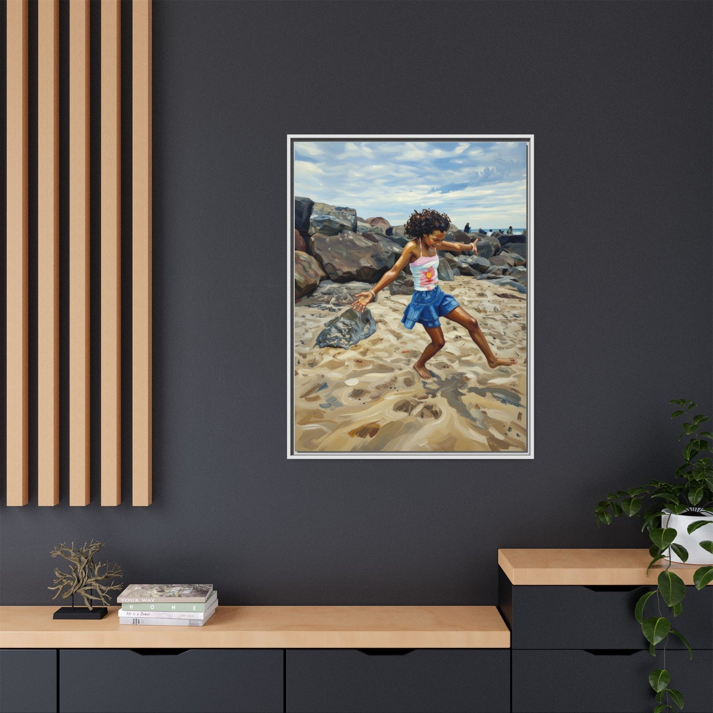 Framed Canvas Art - Girl Dancing on the Beach (Matte Multi-Color)
