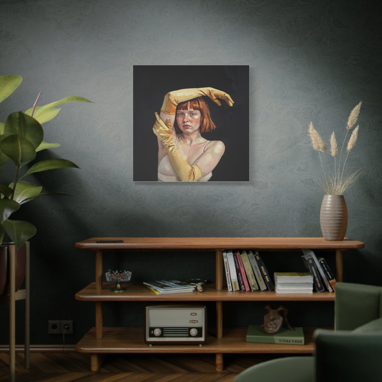Contemporary Portrait Canvas — Redhead in Yellow Gloves Matte Stretched Art