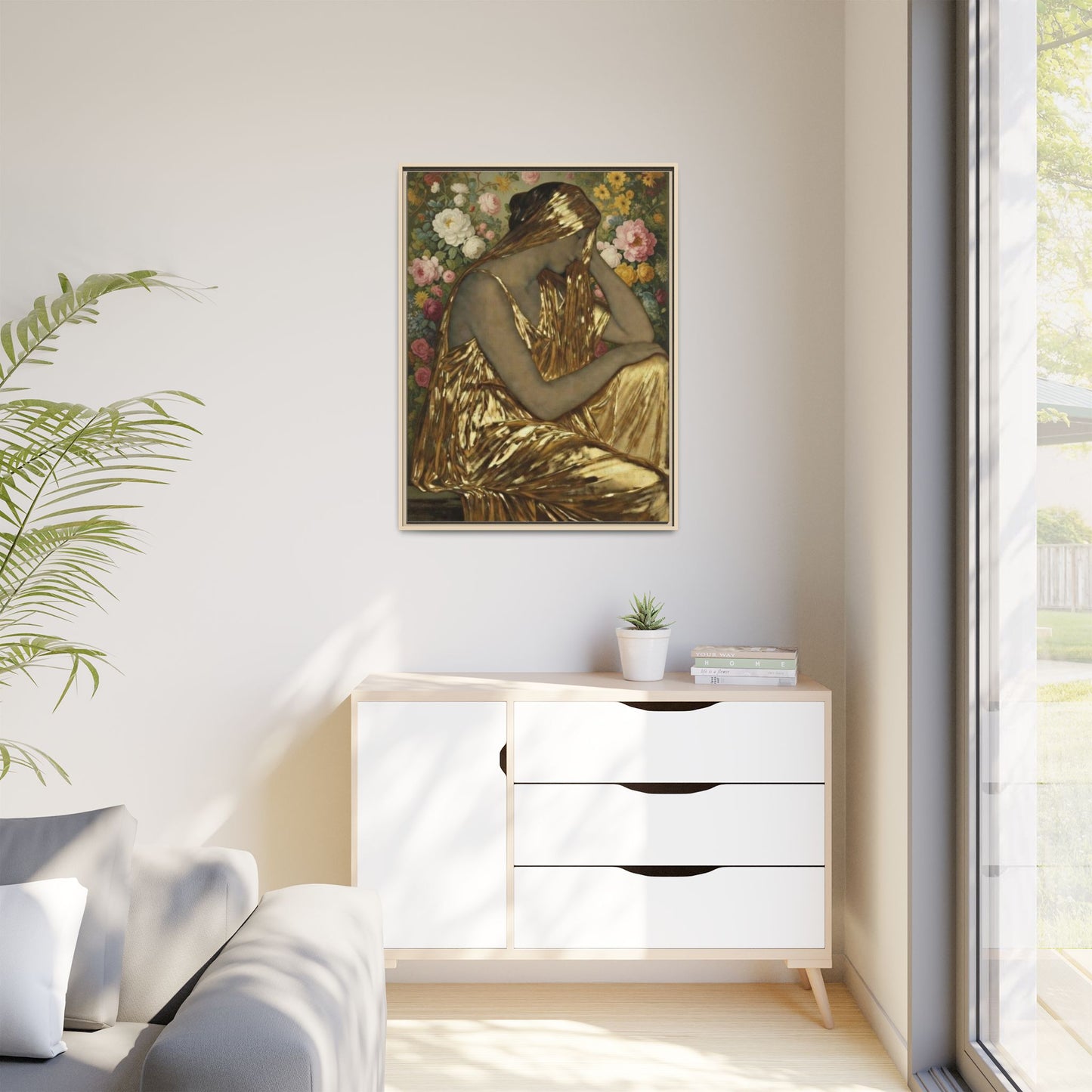Framed Canvas Art Print — Golden Muse Woman with Floral Background