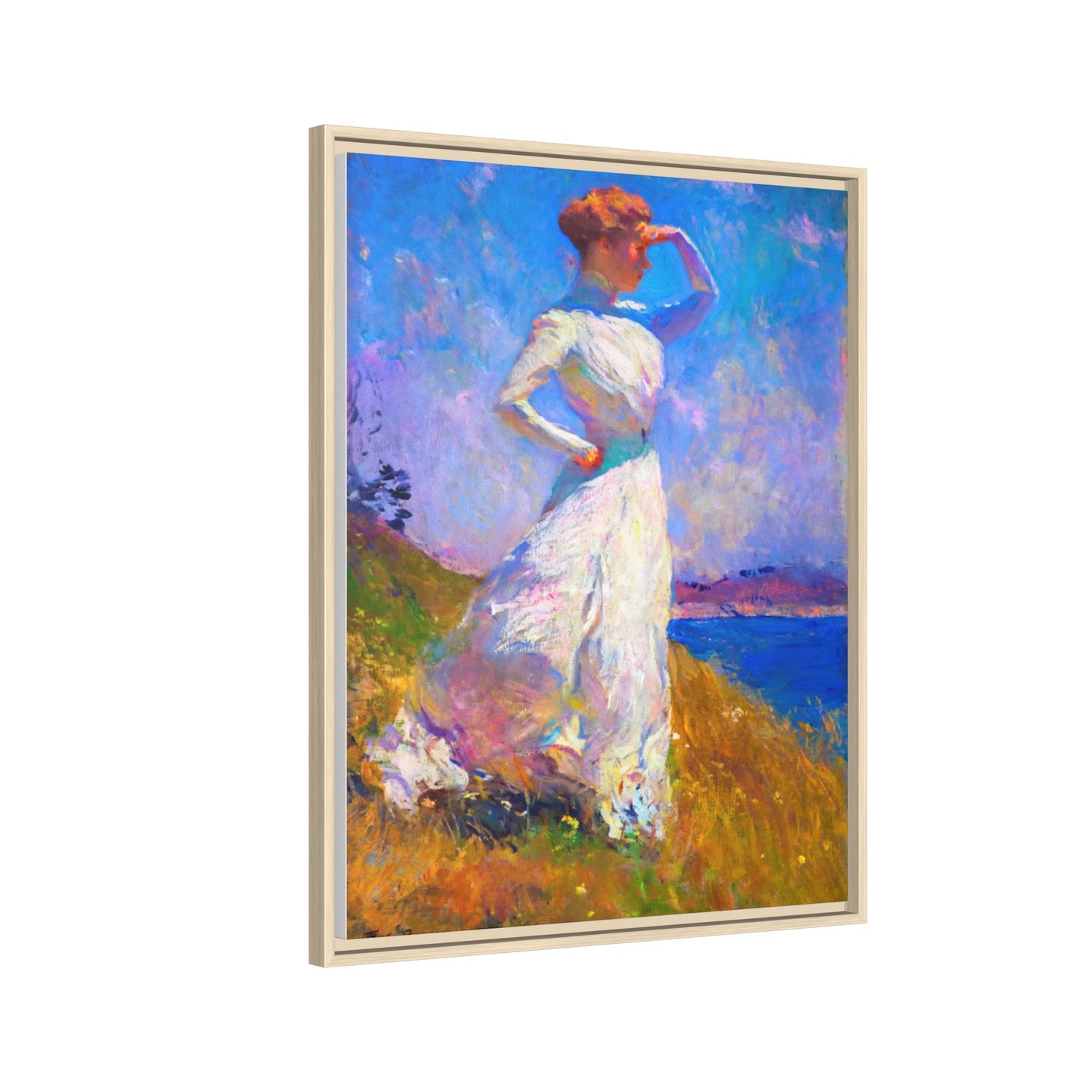 Framed Matte Canvas Art - Woman in White Seaside Impressionist Print