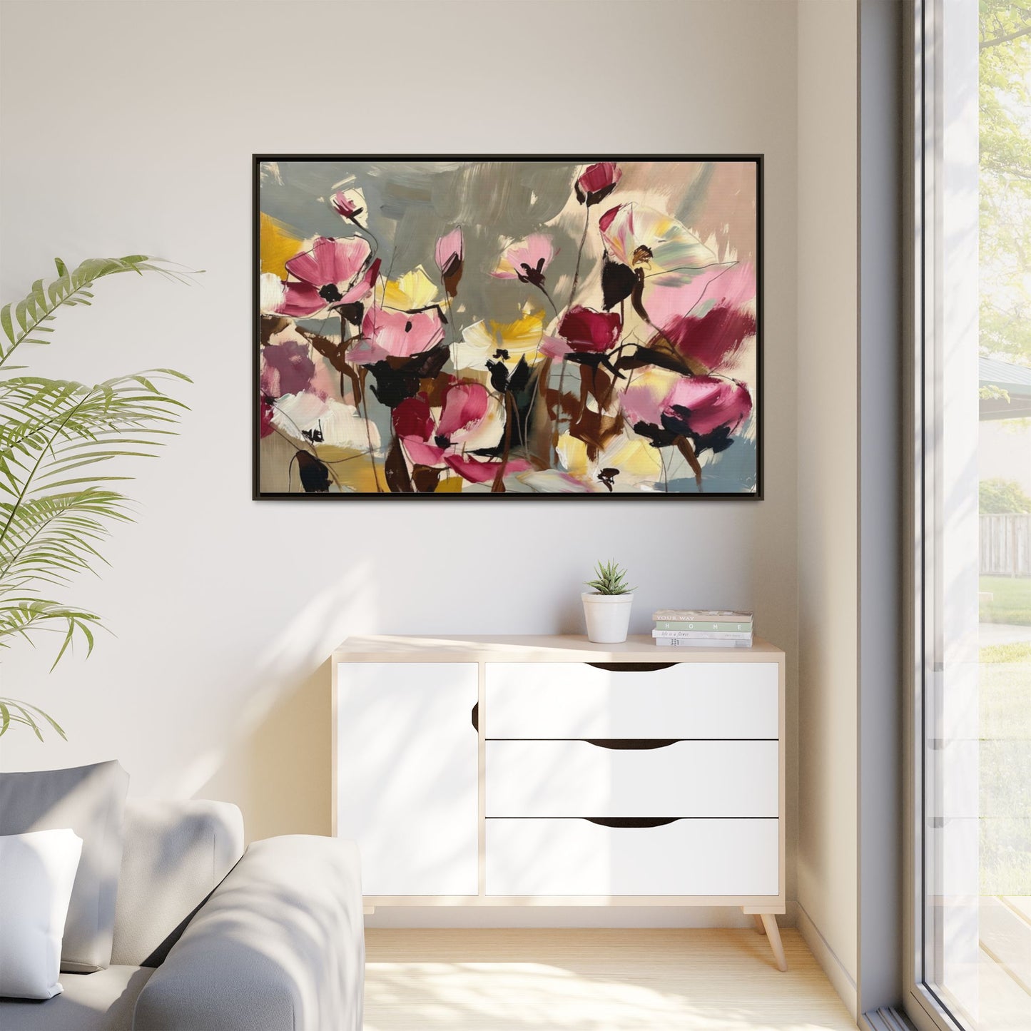 Framed Floral Canvas Wall Art — Abstract Pink & Yellow Flowers