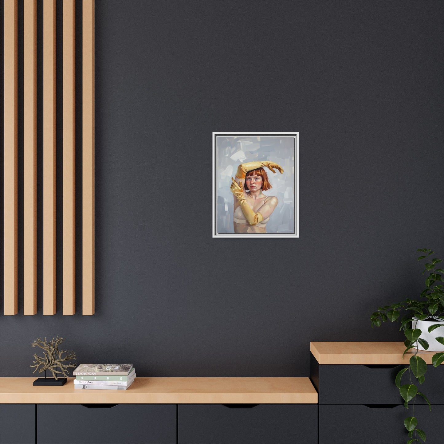 Contemporary Portrait Canvas Print — Woman with Yellow Gloves (Framed Matte)