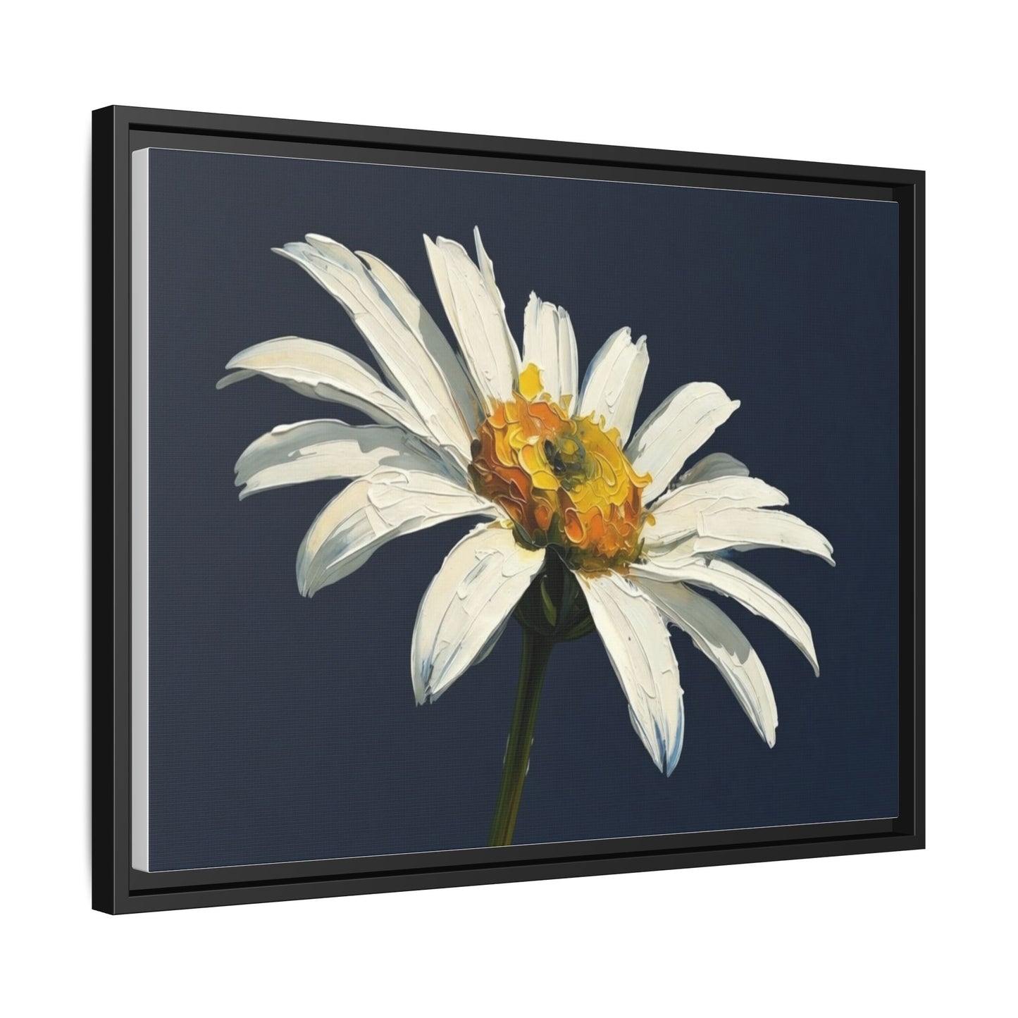 Framed Matte Canvas Daisy Wall Art — White Floral Painting on Navy