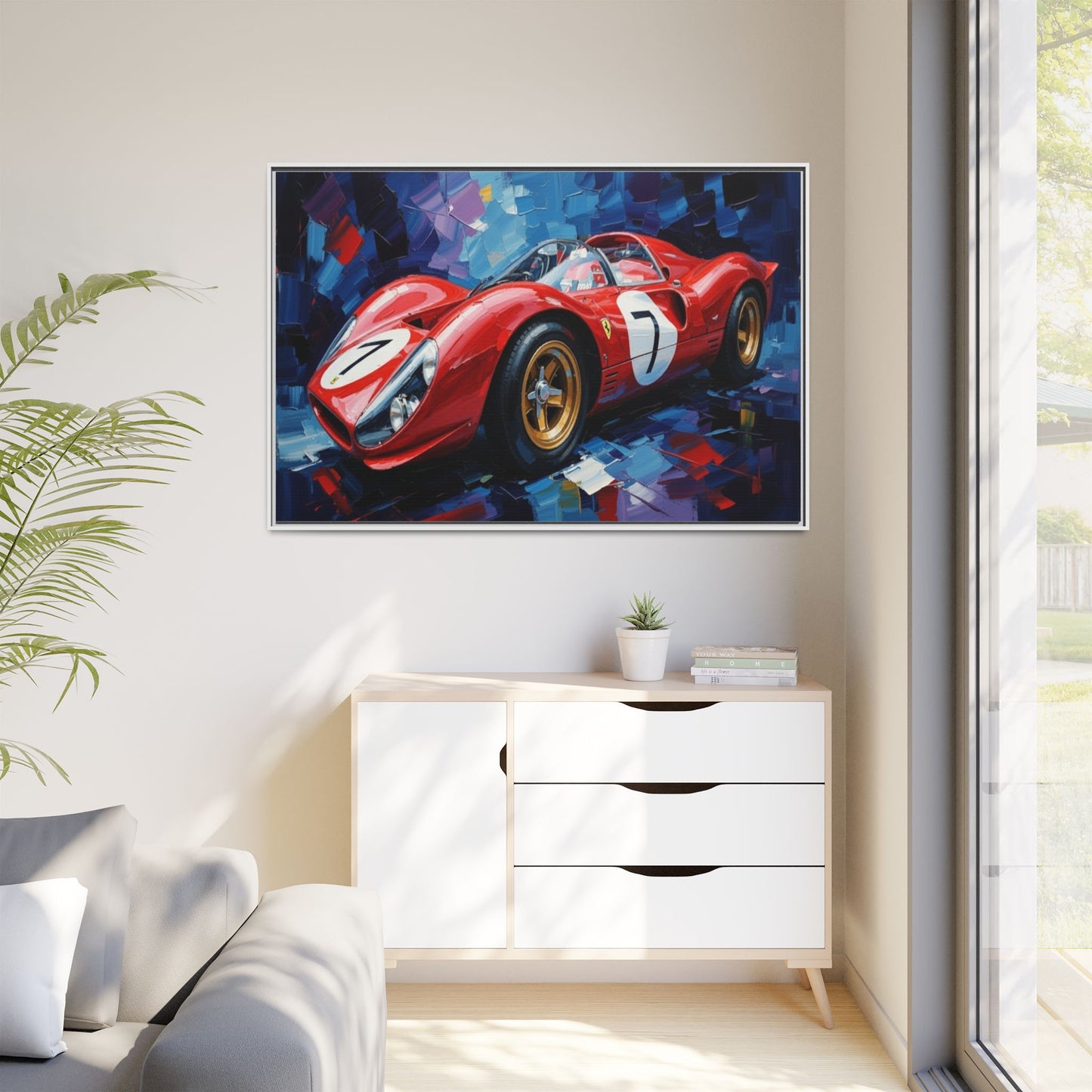 Vintage Ferrari Red Racecar Matte Canvas Framed Wall Art