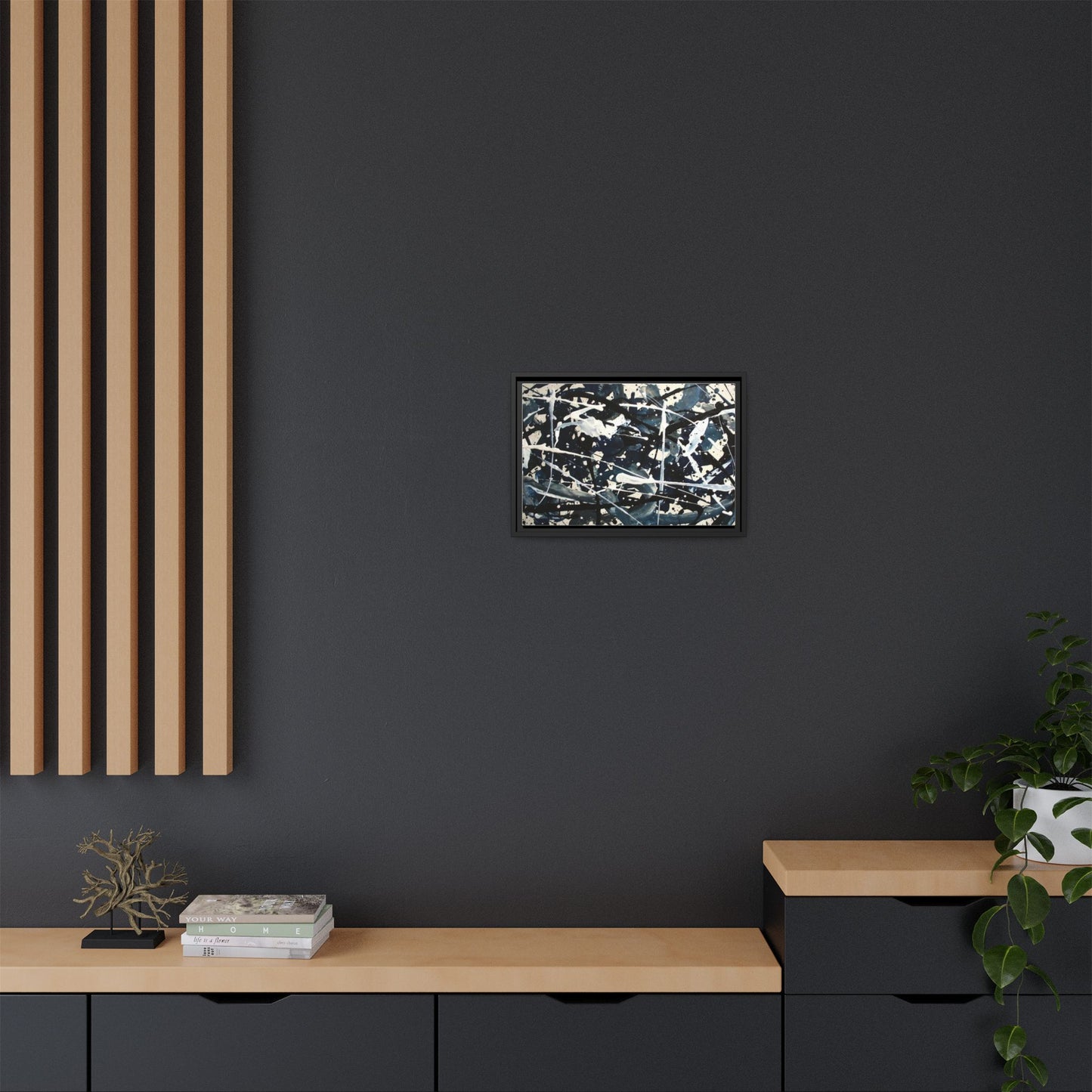 Abstract Splatter Matte Canvas Framed Wall Art — Black & Blue Modern Art Print