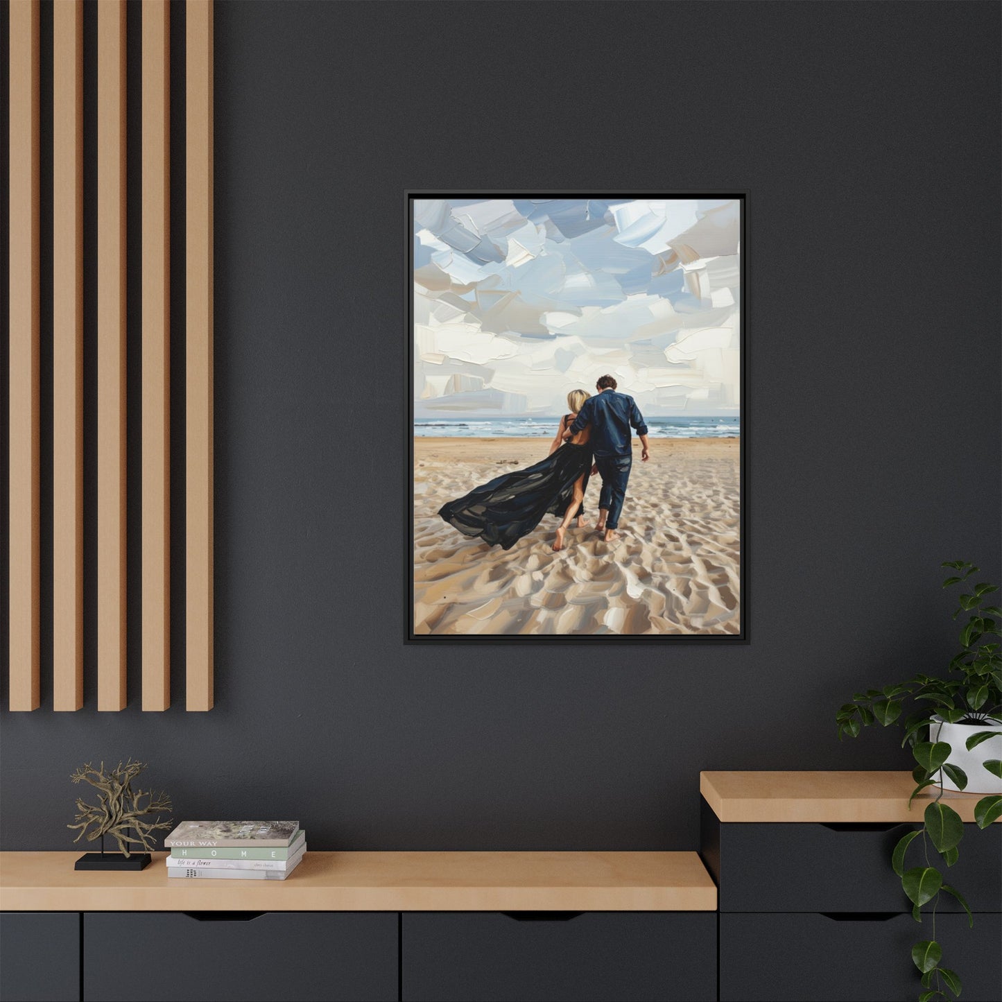 Framed Canvas Wall Art — Romantic Couple Walking on Beach Print
