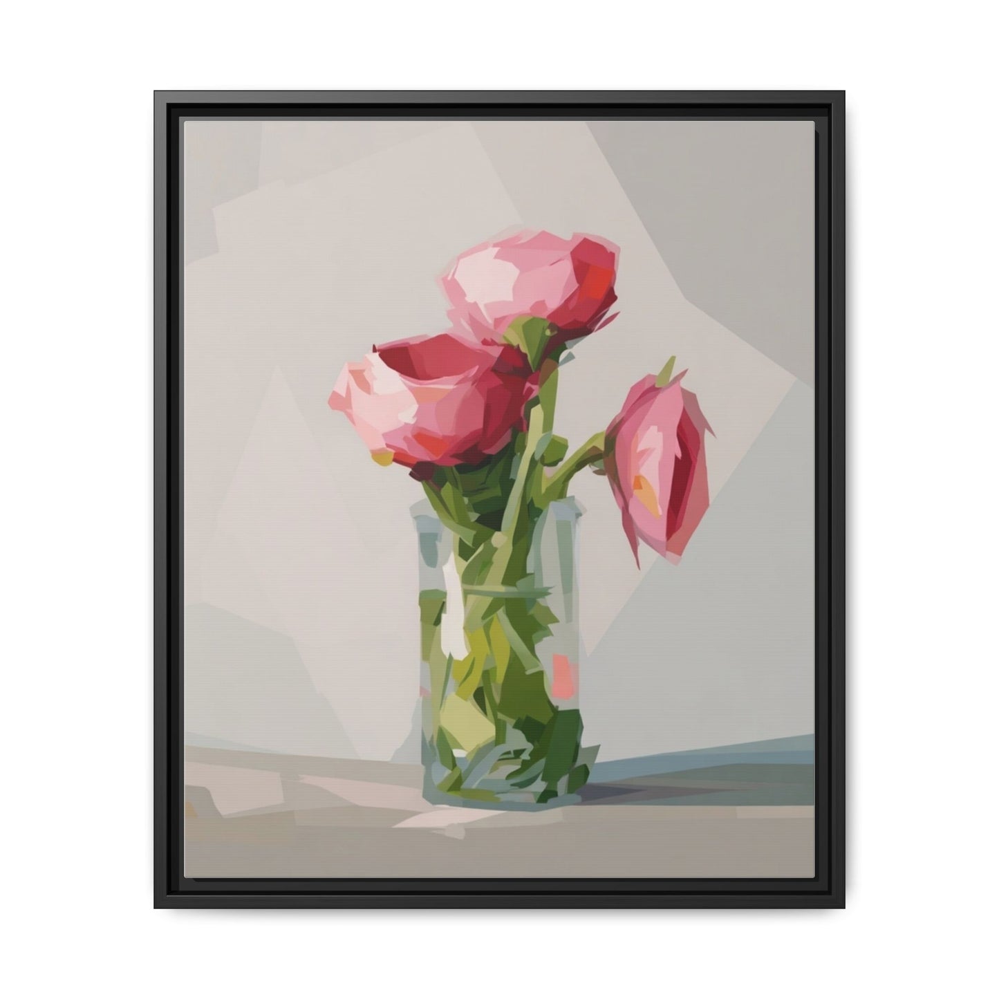 Framed Canvas Art — Pink Roses in Vase, Modern Floral Wall Print