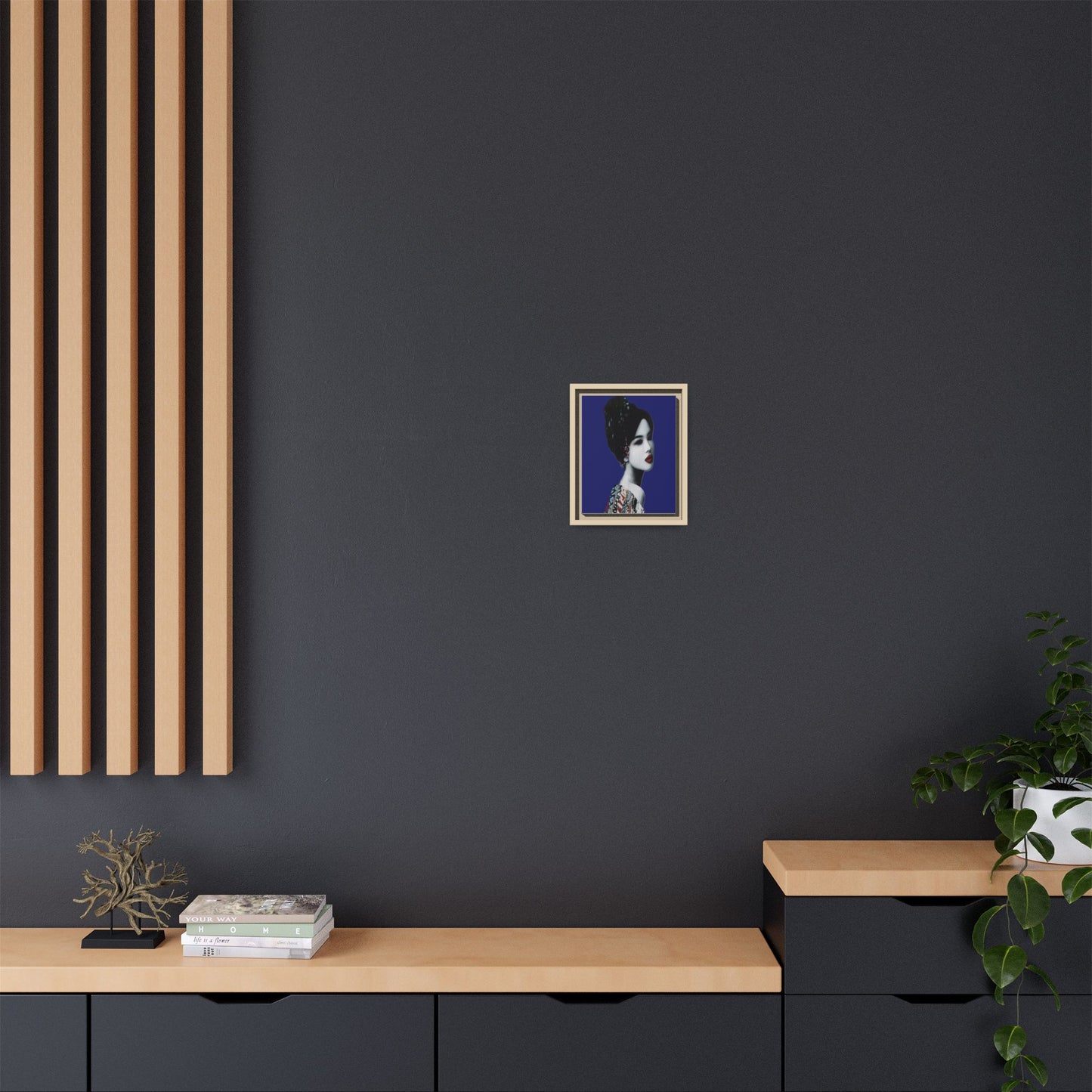 Framed Matte Canvas Art — Elegant Geisha Portrait on Deep Blue