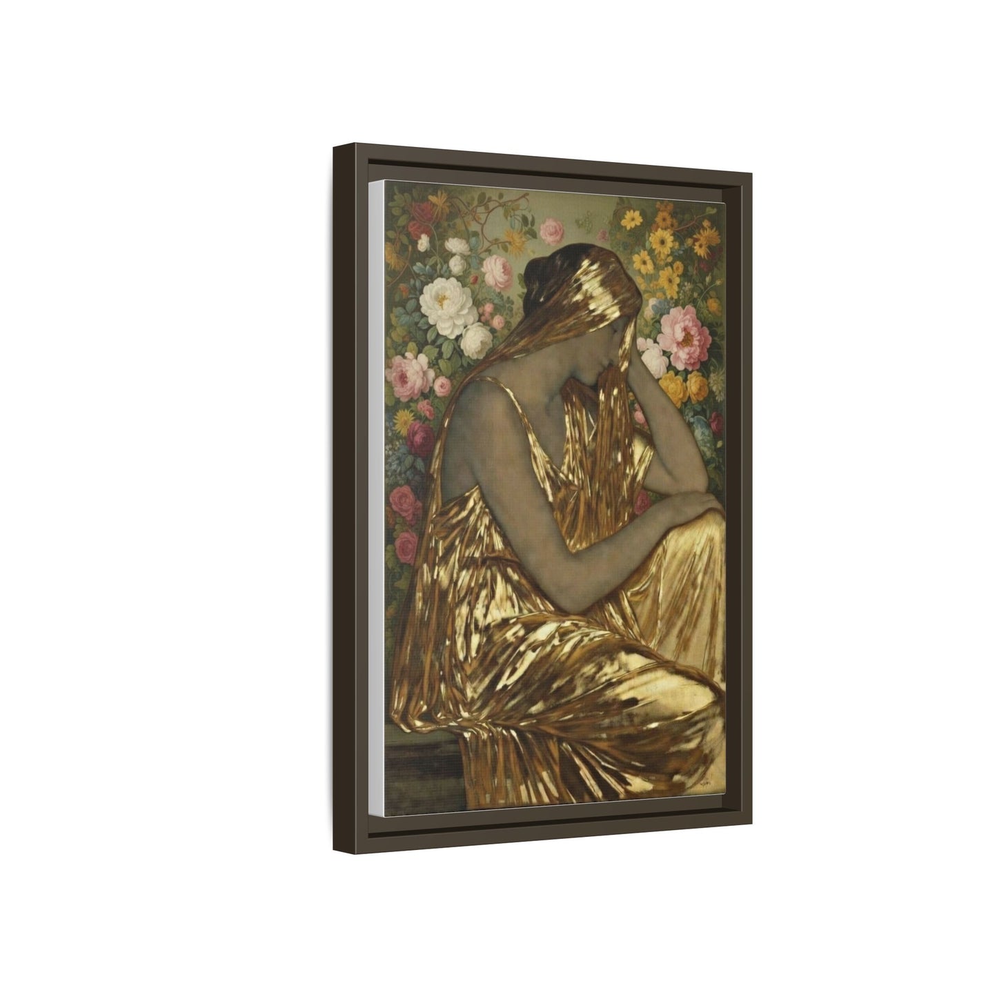 Framed Canvas Art Print — Golden Muse Woman with Floral Background