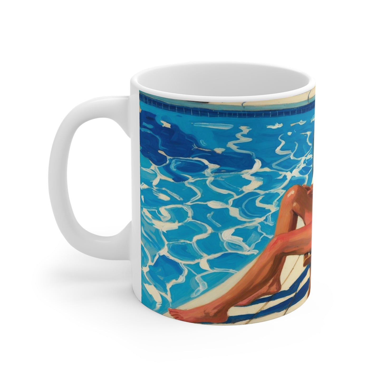 Poolside Vintage Art Coffee Mug — Retro Woman Lounging in Red Swimsuit