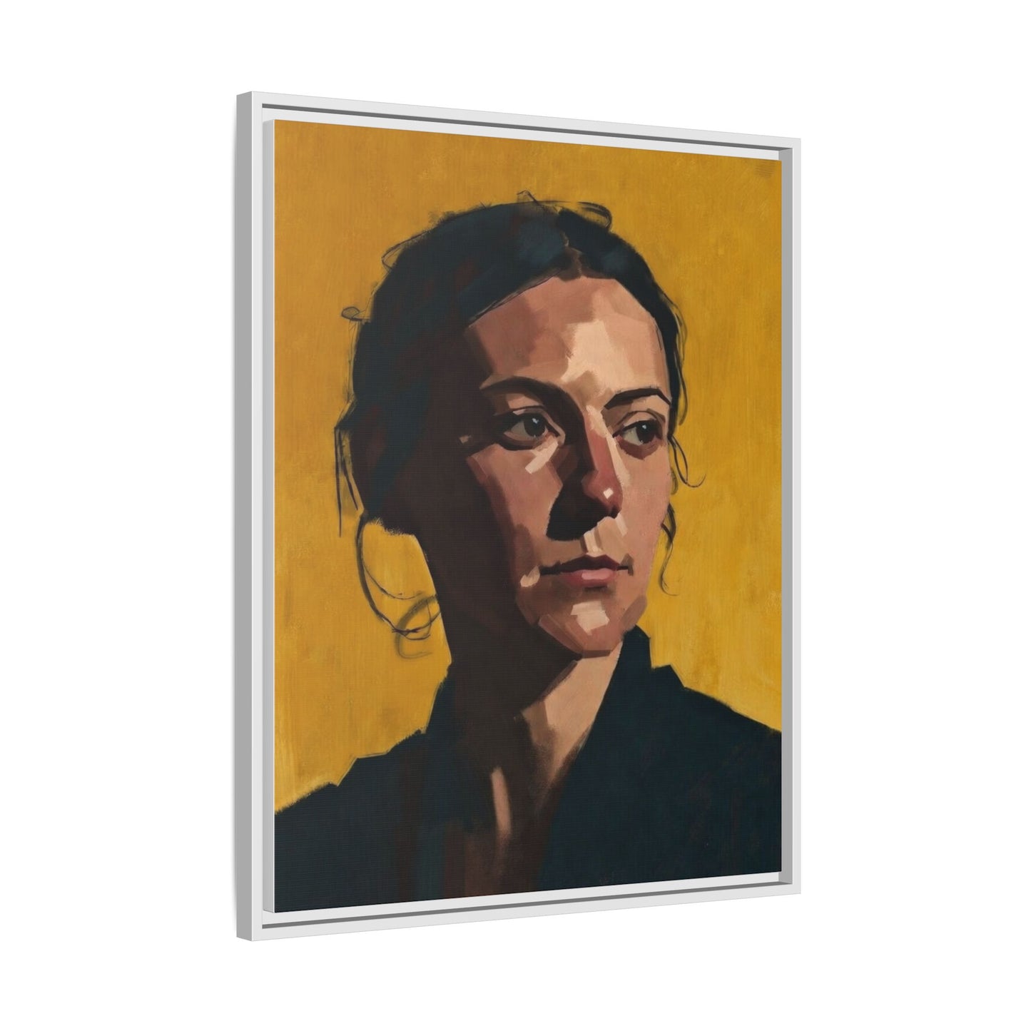 Framed Matte Canvas Portrait Art — Moody Woman on Mustard Background