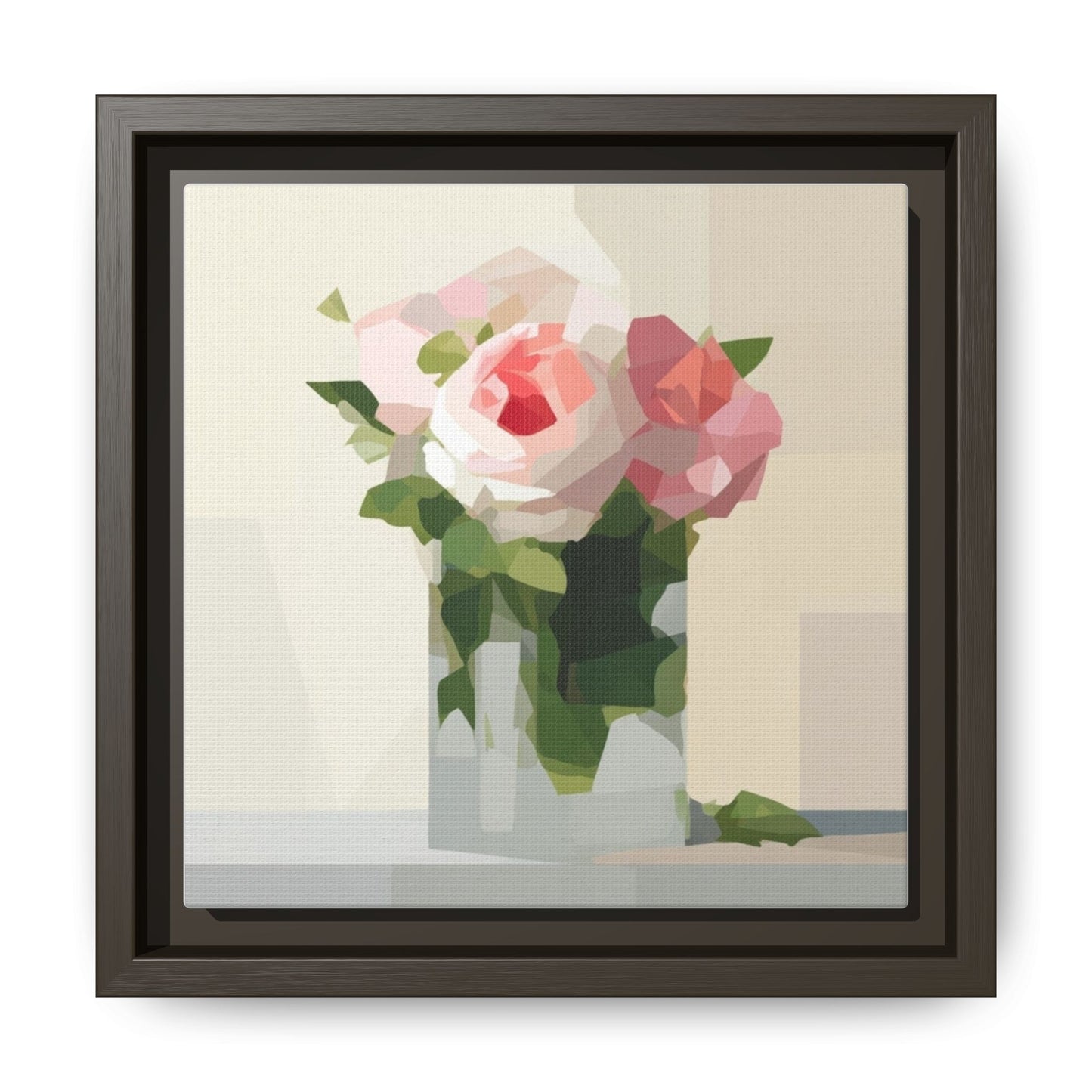 Framed Floral Canvas Print — Geometric Pink Rose Wall Art
