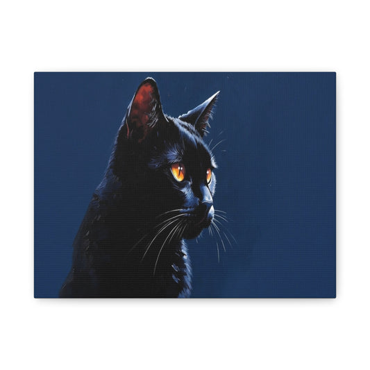 Matte Black Cat on blue background Canvas, Stretched, 1.25"