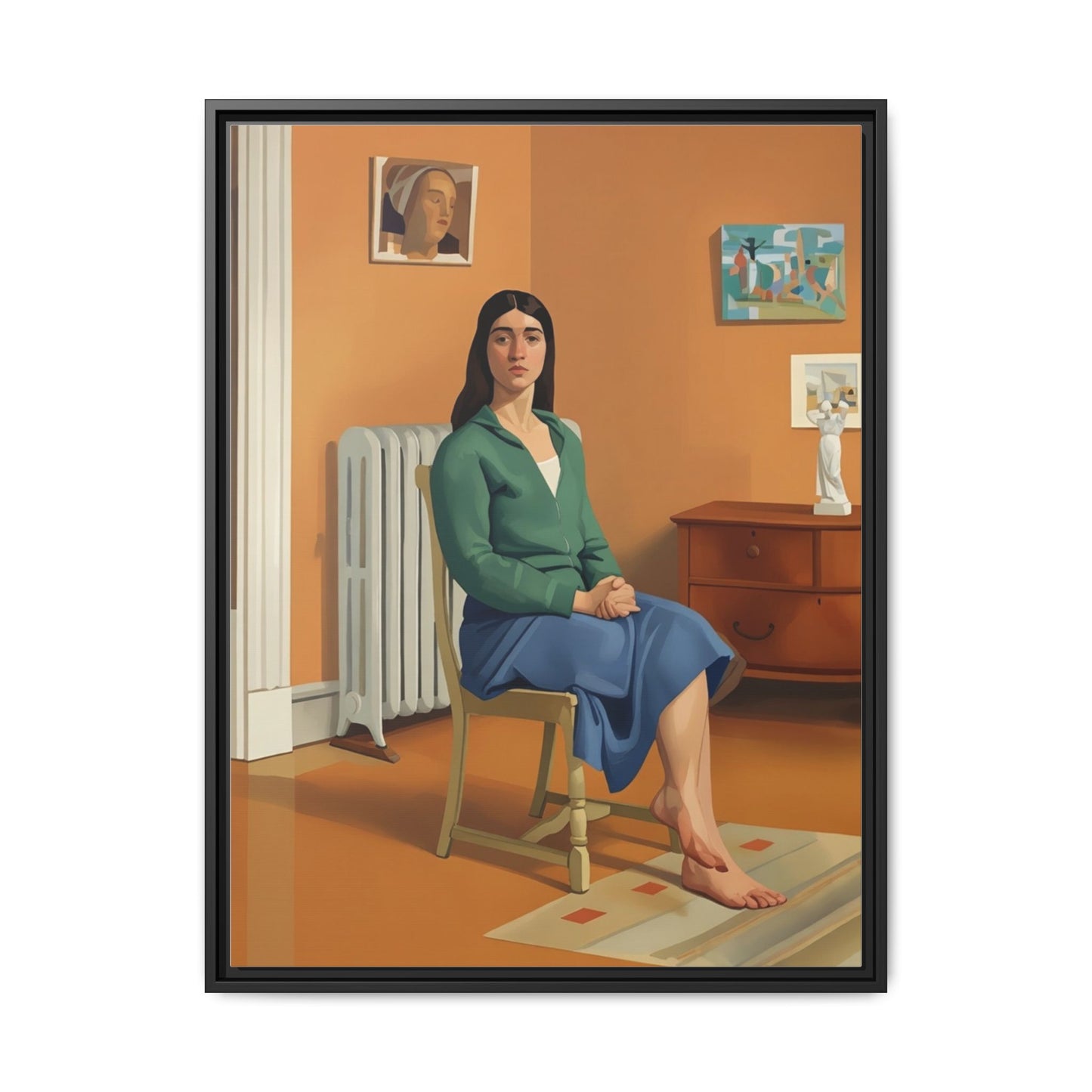 Framed Matte Canvas Print — Woman Seated in Warm Interior (Midcentury Portrait)