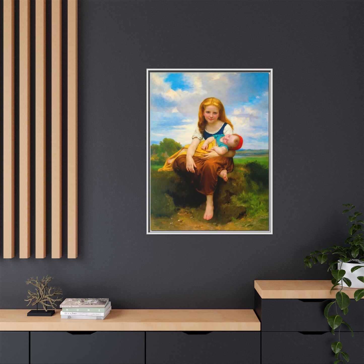 Young Girl Holding Sleeping Baby Canvas Print, Framed Wall Art