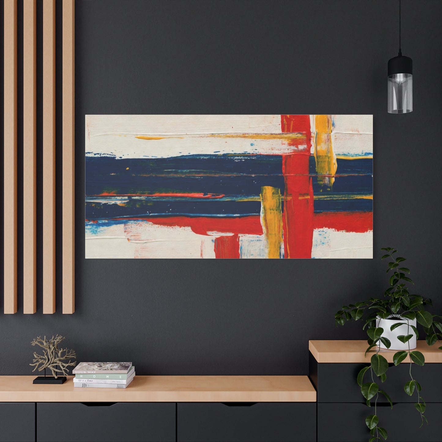 Abstract Modern Canvas Art Print — Red, Navy & Gold Stretched Matte Canvas