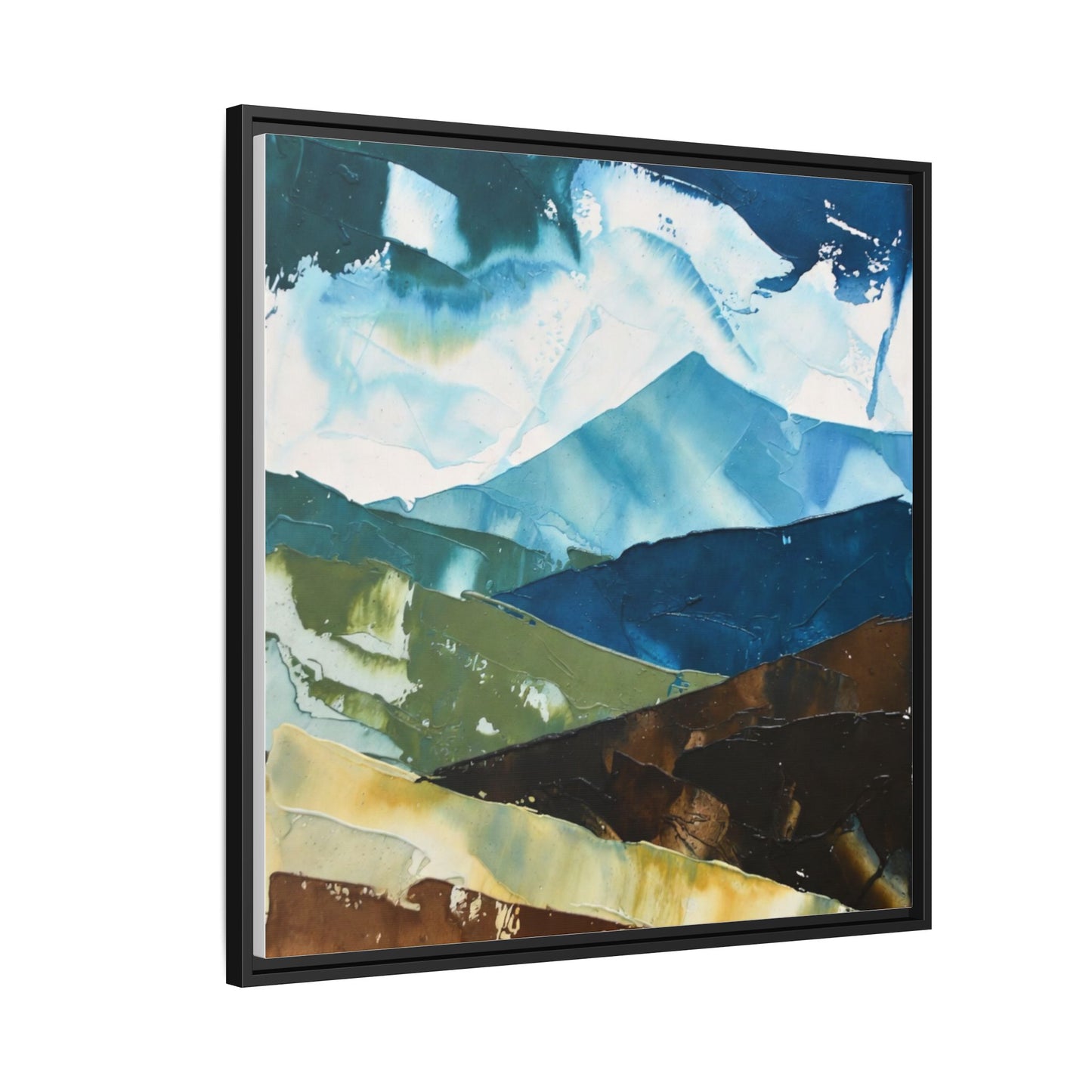 Framed Abstract Mountain Canvas Art — Blue & Earthtone Landscape Print