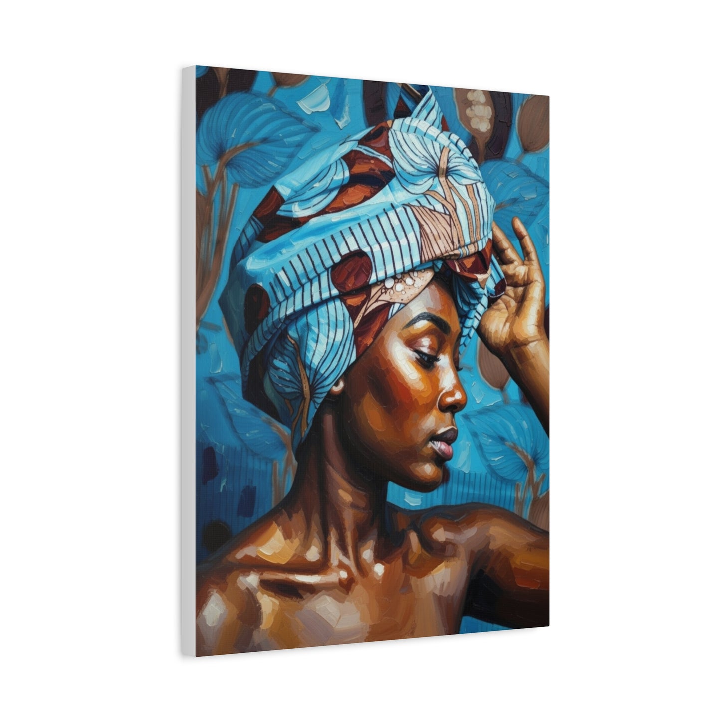 African Woman Portrait Canvas Wall Art - Blue Headwrap Matte Stretched Canvas