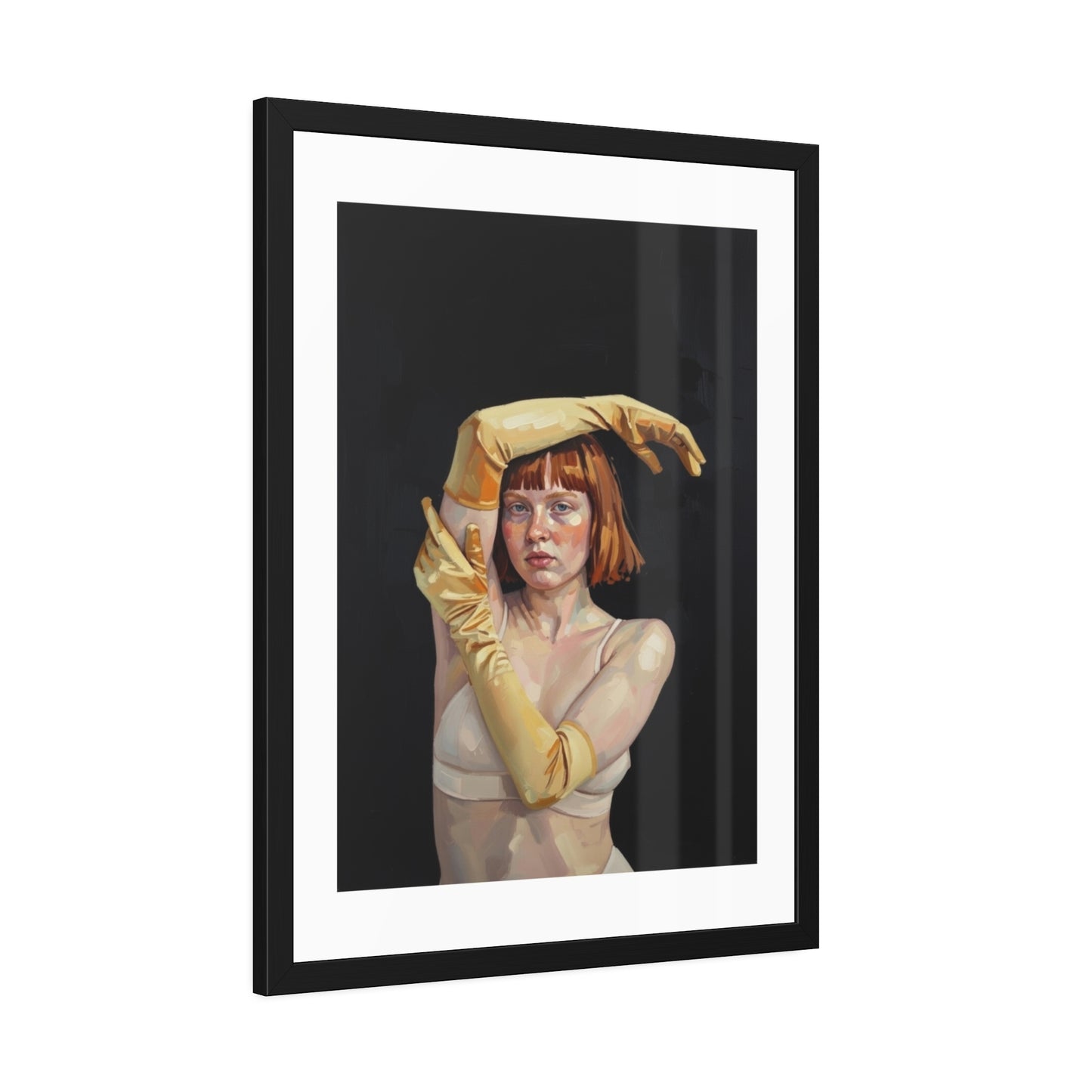 Framed Art Poster — Portrait of Redhead Woman in Yellow Gloves (Gallery Wall Print)