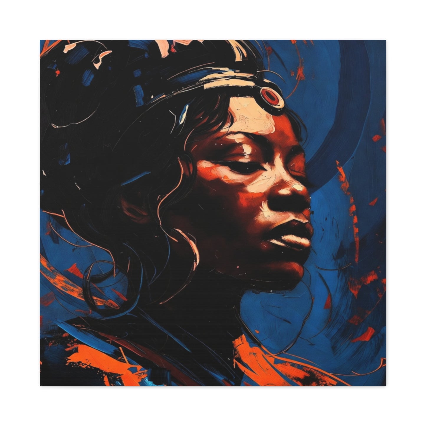 Regal Afrocentric Portrait Matte Canvas Art – Vibrant Blue & Orange Stretched Wall Decor