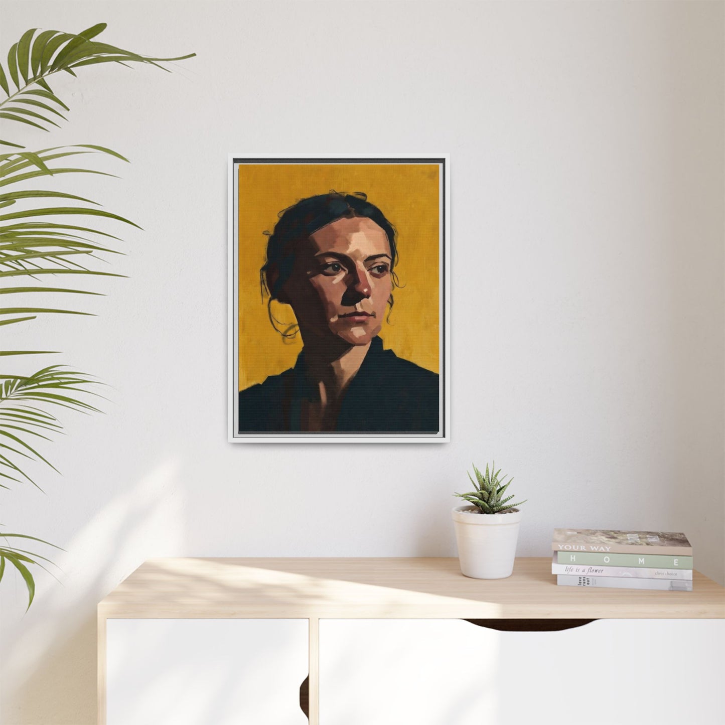 Framed Matte Canvas Portrait Art — Moody Woman on Mustard Background