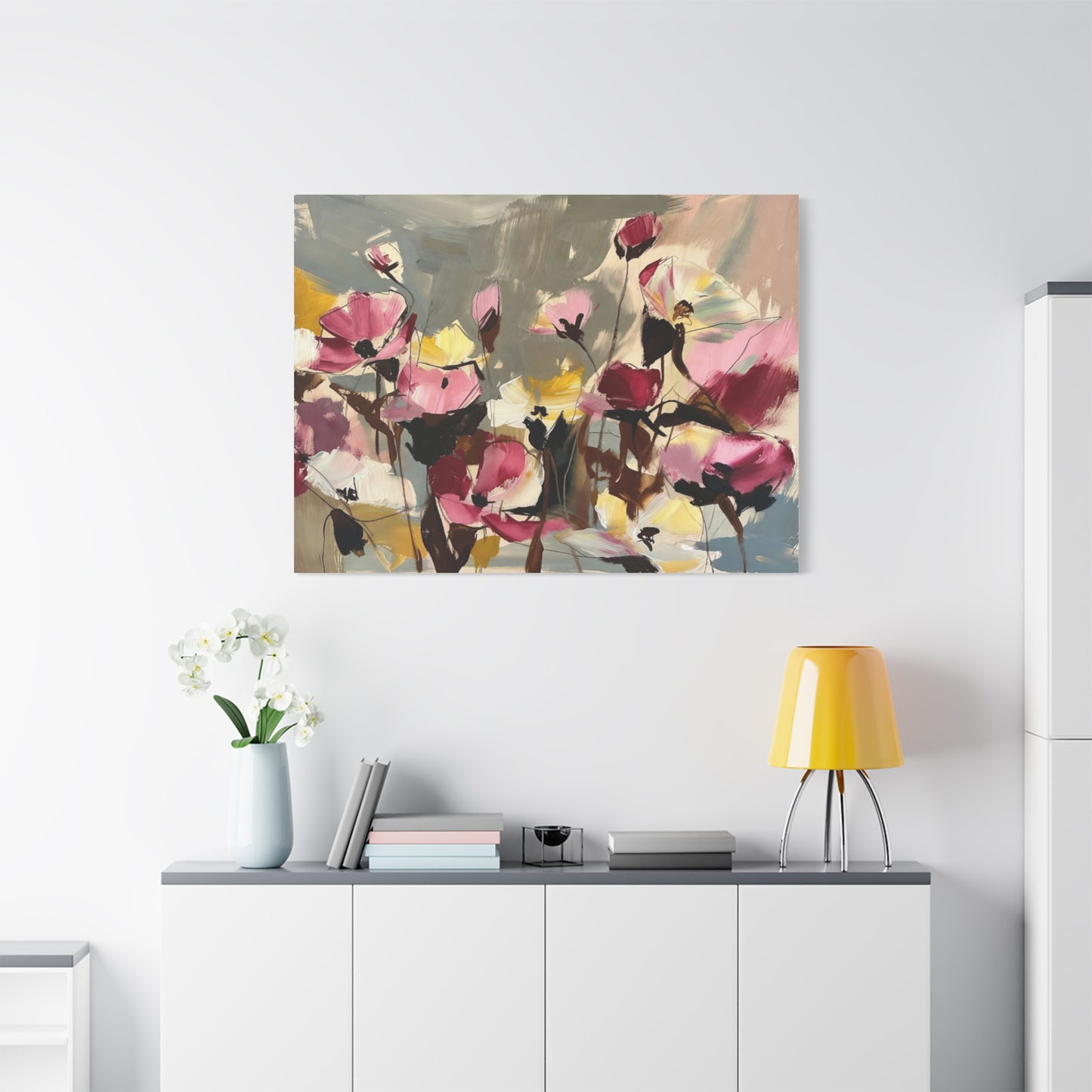 Floral Abstract Canvas Wall Art — Pink & Yellow Bloom Stretched Matte Print