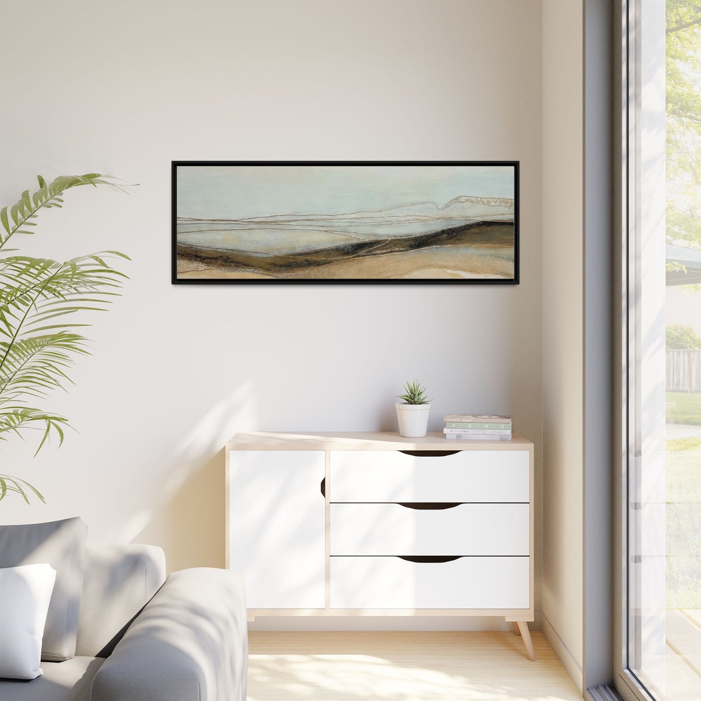 Framed Matte Canvas Wall Art — Neutral Abstract Landscape in Soft Blues & Earth Tones