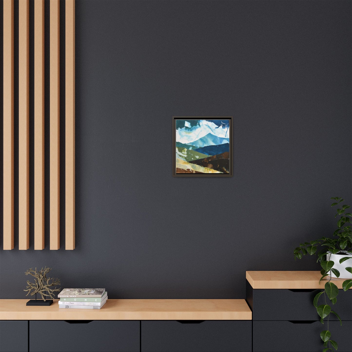 Framed Abstract Mountain Canvas Art — Blue & Earthtone Landscape Print