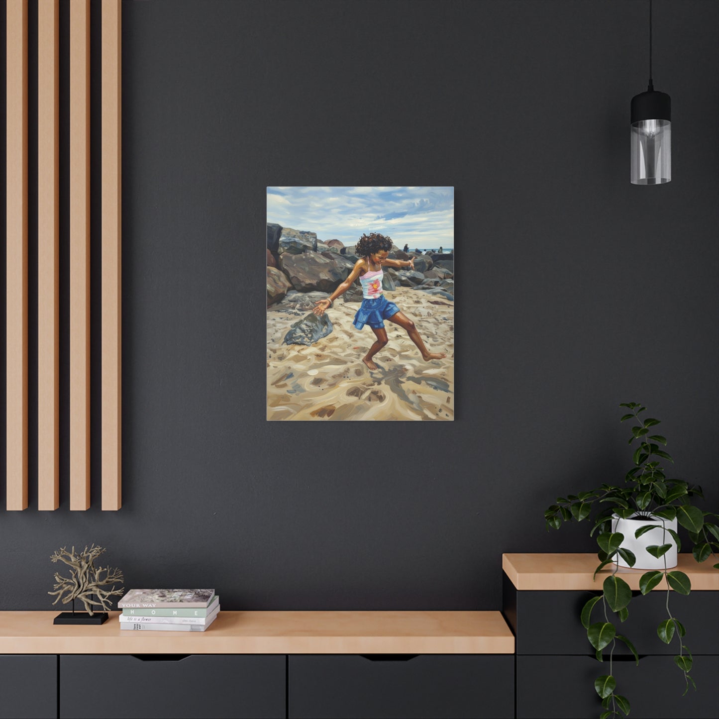 Beach Joy Canvas Print — Child Playing on Sand Stretched Matte Wall Art