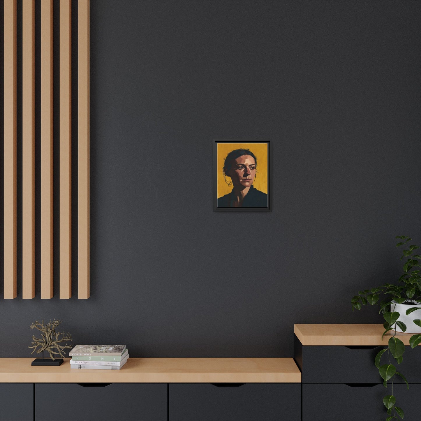 Framed Matte Canvas Portrait Art — Moody Woman on Mustard Background
