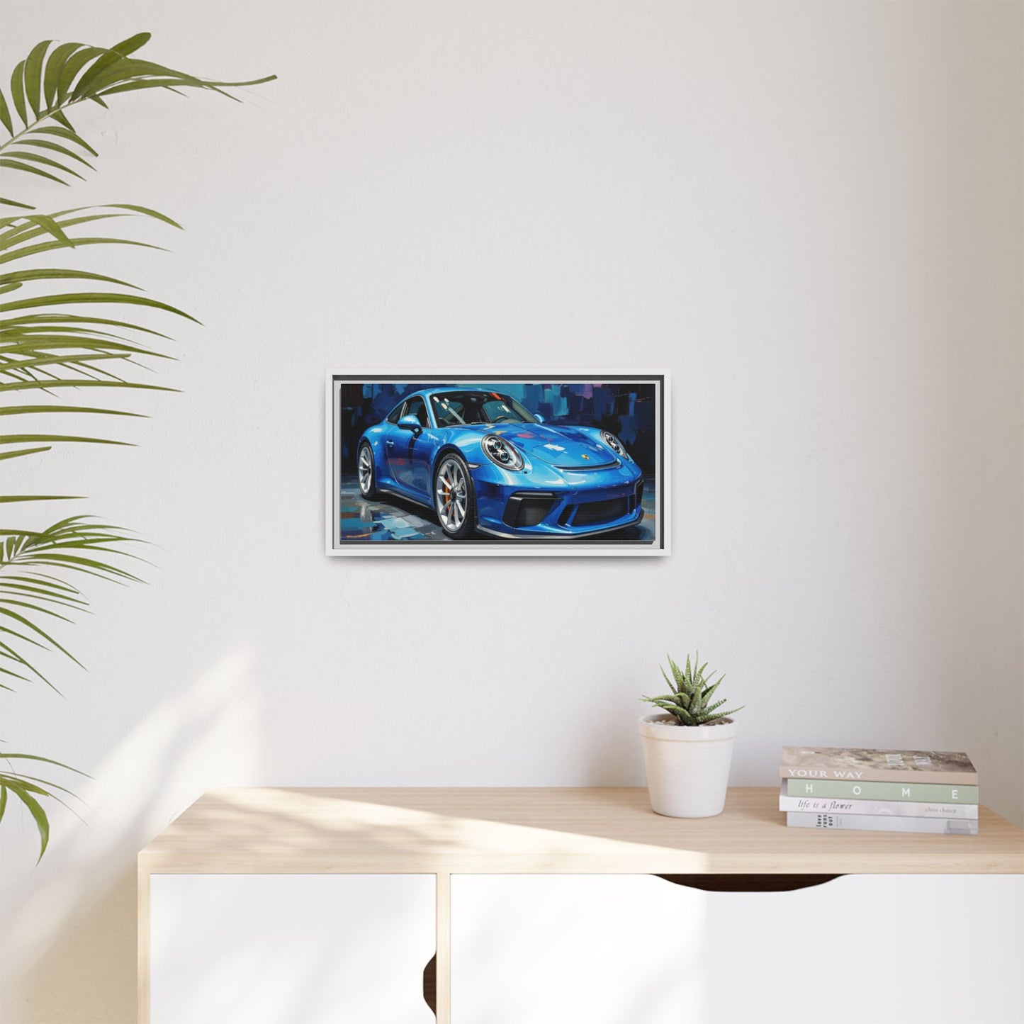 Blue Sports Car Matte Canvas Framed Print — Modern Automotive Wall Art