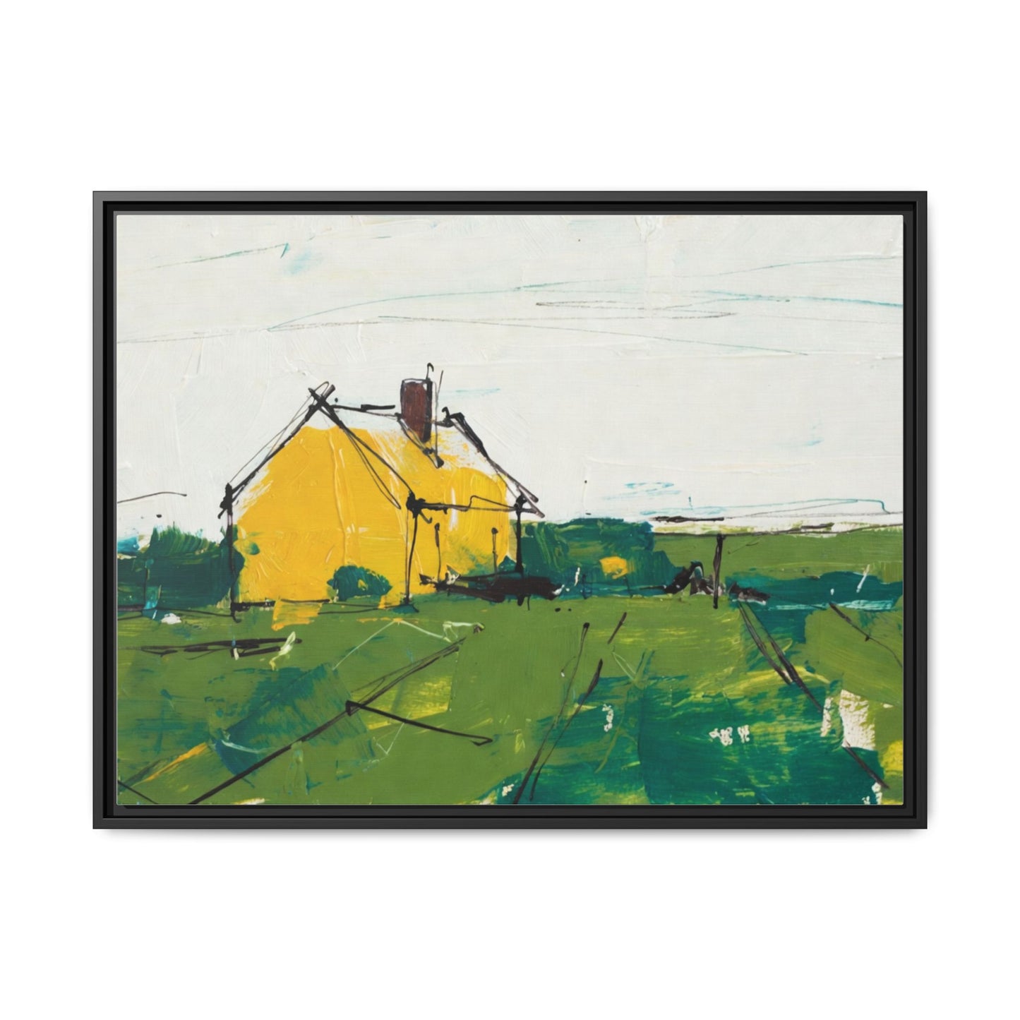 Yellow Cottage Landscape Framed Canvas Print