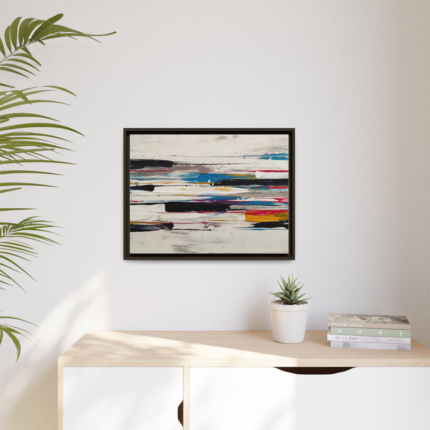 Abstract Multi-Color Framed Canvas Wall Art — Modern Horizontal Brushstroke Print