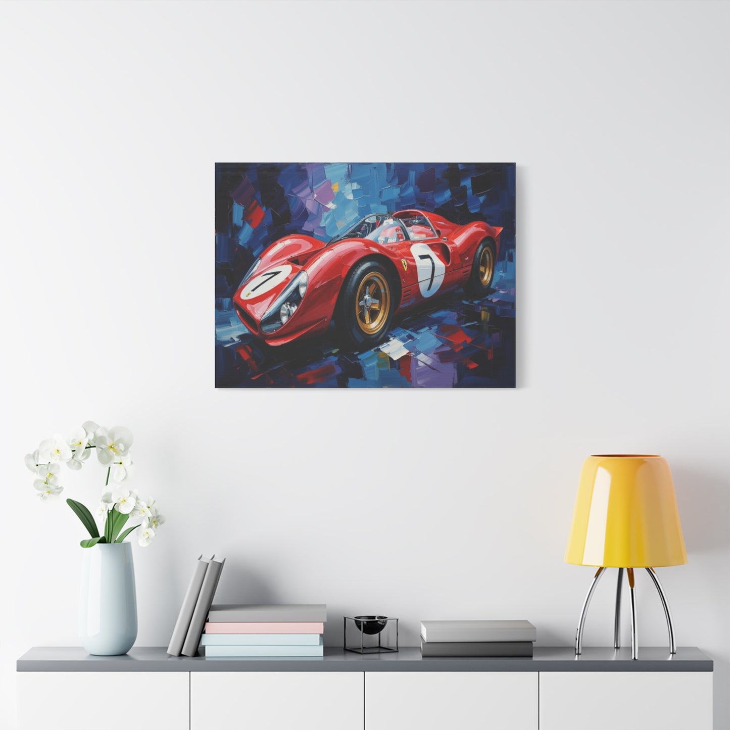 Vintage Ferrari Racing Car Canvas Print — Red Classic Sports Car Artwork (Matte Stretched)
