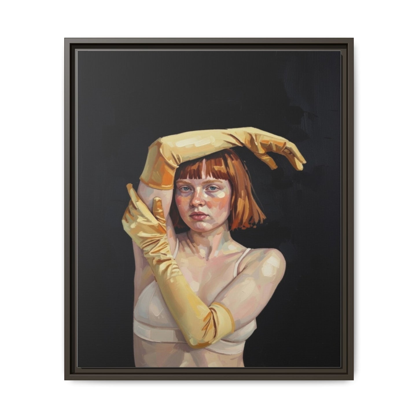 Framed Matte Canvas Art – Portrait of Woman in Yellow Gloves