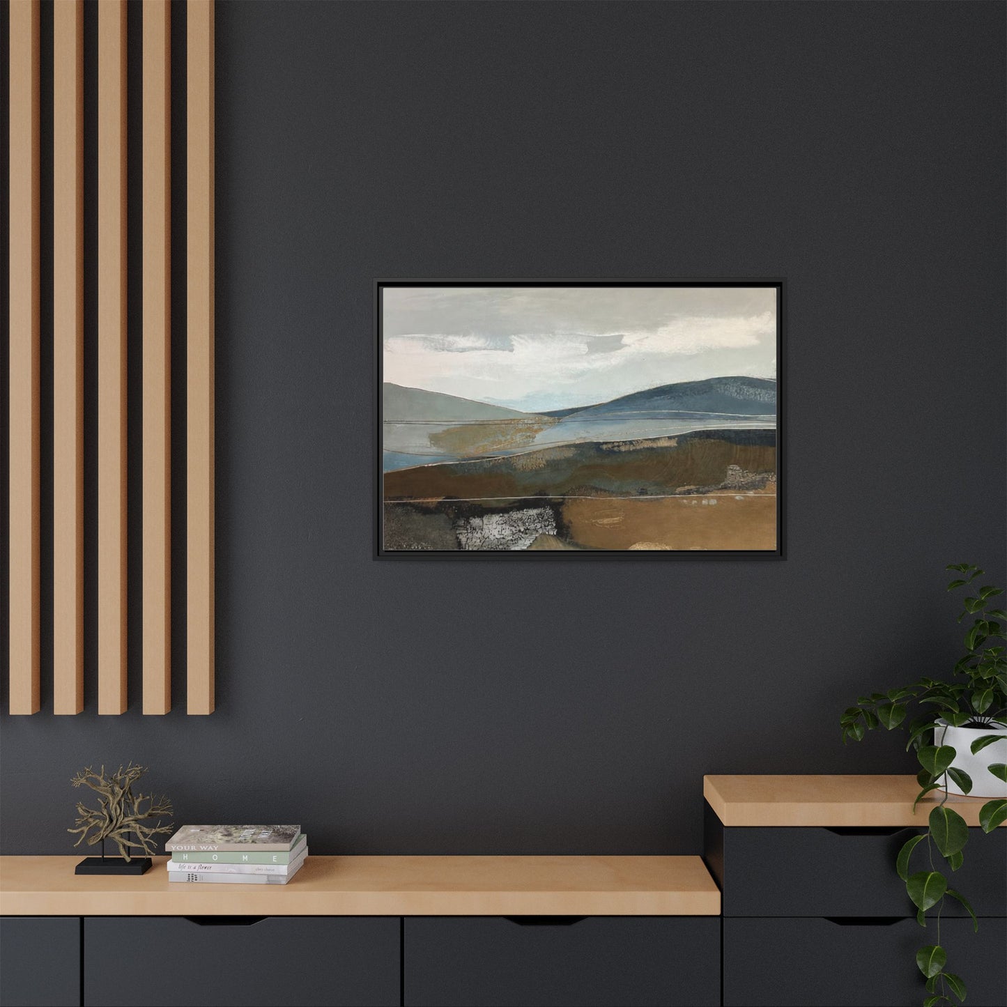 Framed Matte Canvas Landscape Art - Serene Abstract Hills in Blue & Earth Tones