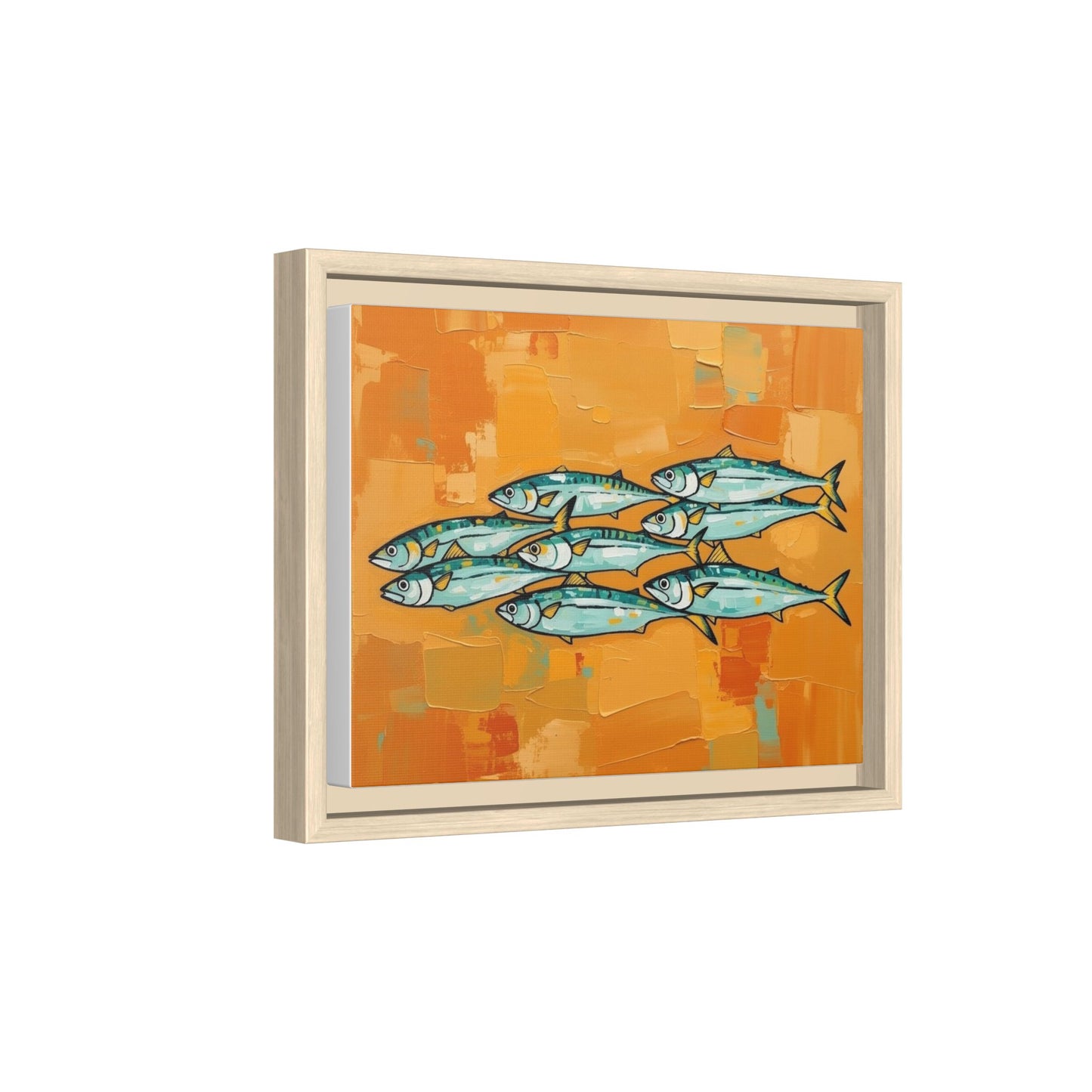 Framed Matte Canvas Print — School of Blue Fish on Orange Abstract Background