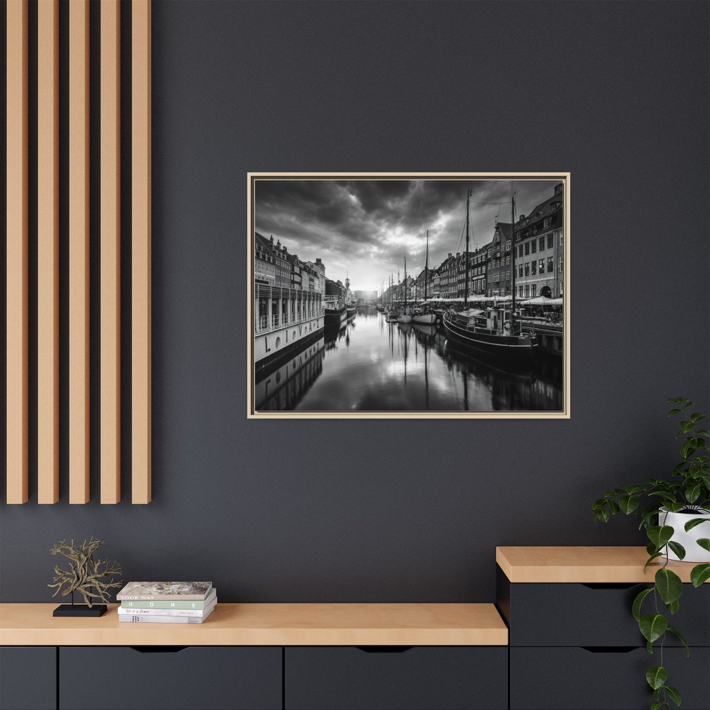Framed Matte Canvas: Black & White Dutch Canal Photography Wall Art