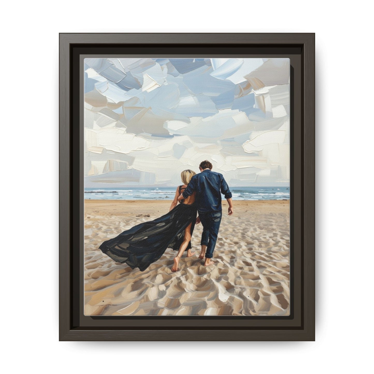 Framed Canvas Wall Art — Romantic Couple Walking on Beach Print