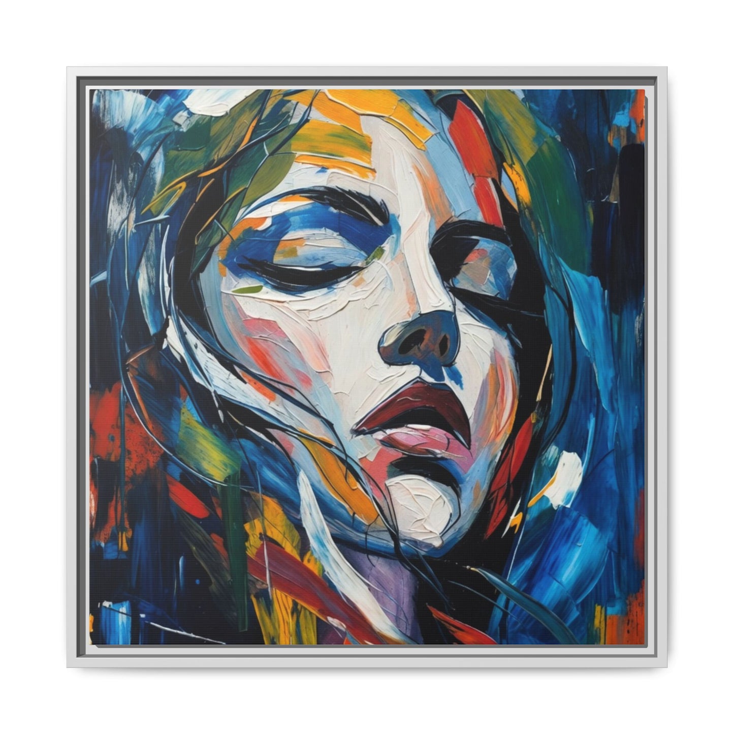 Abstract Colorful Woman Portrait — Framed Matte Canvas Wall Art