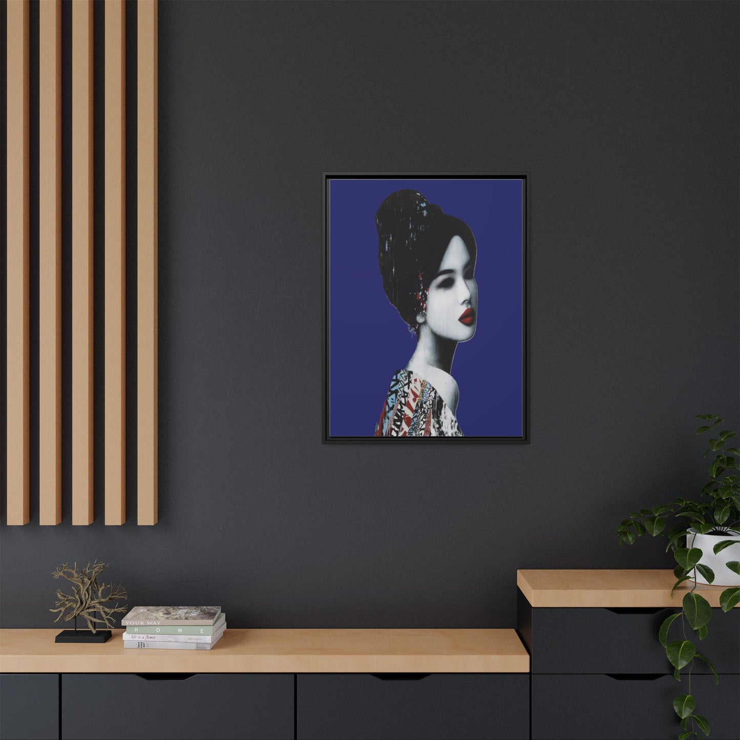 Framed Matte Canvas Art — Elegant Geisha Portrait on Deep Blue