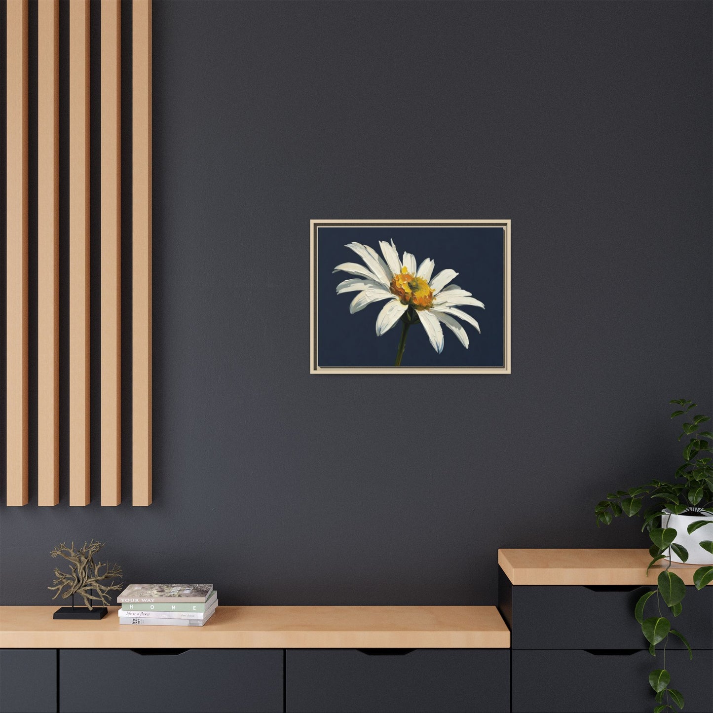 Framed Matte Canvas Daisy Wall Art — White Floral Painting on Navy
