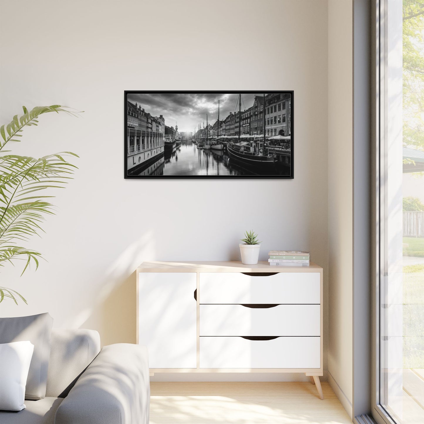 Framed Matte Canvas: Black & White Dutch Canal Photography Wall Art