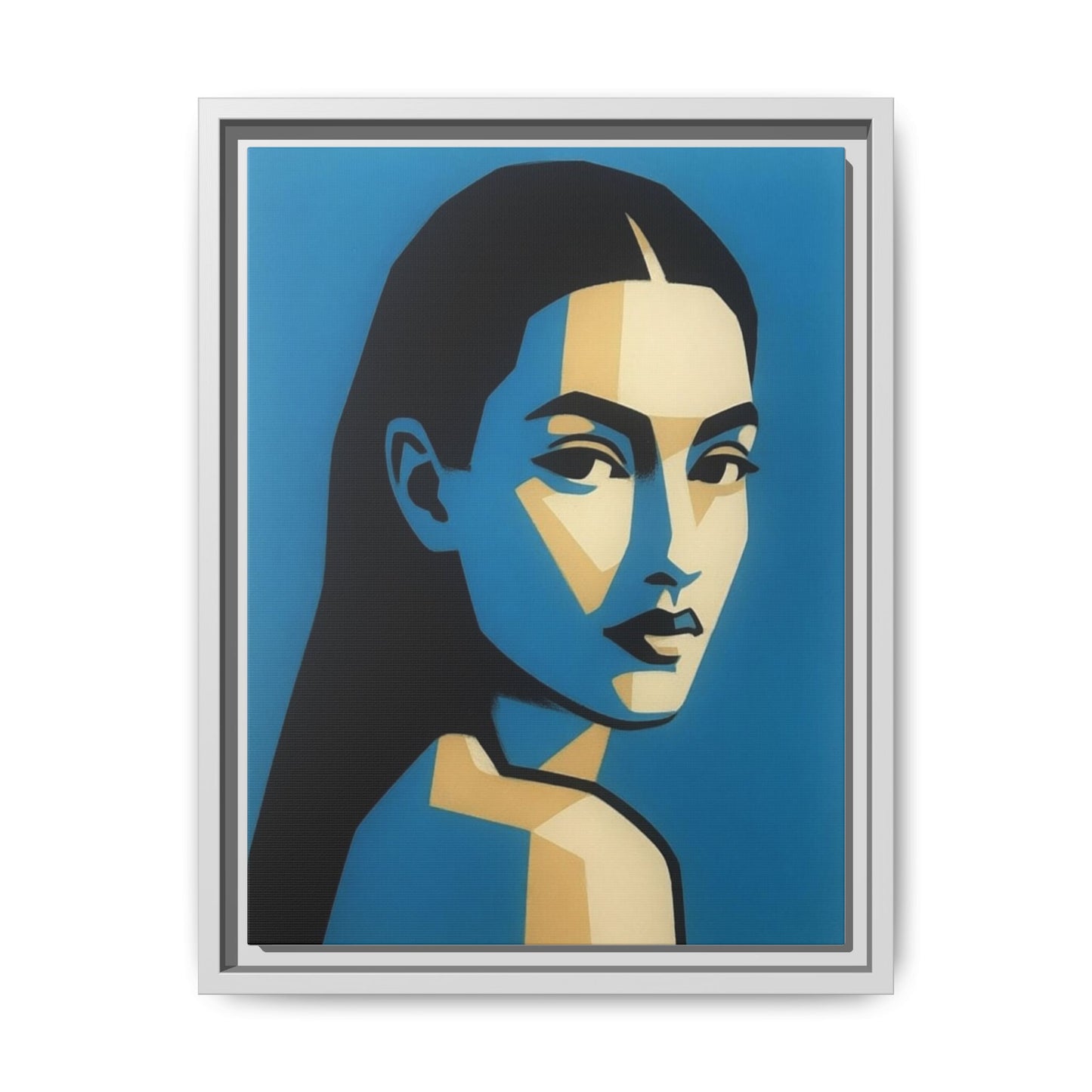 Framed Pop Art Portrait Canvas — Blue Geometric Woman Print