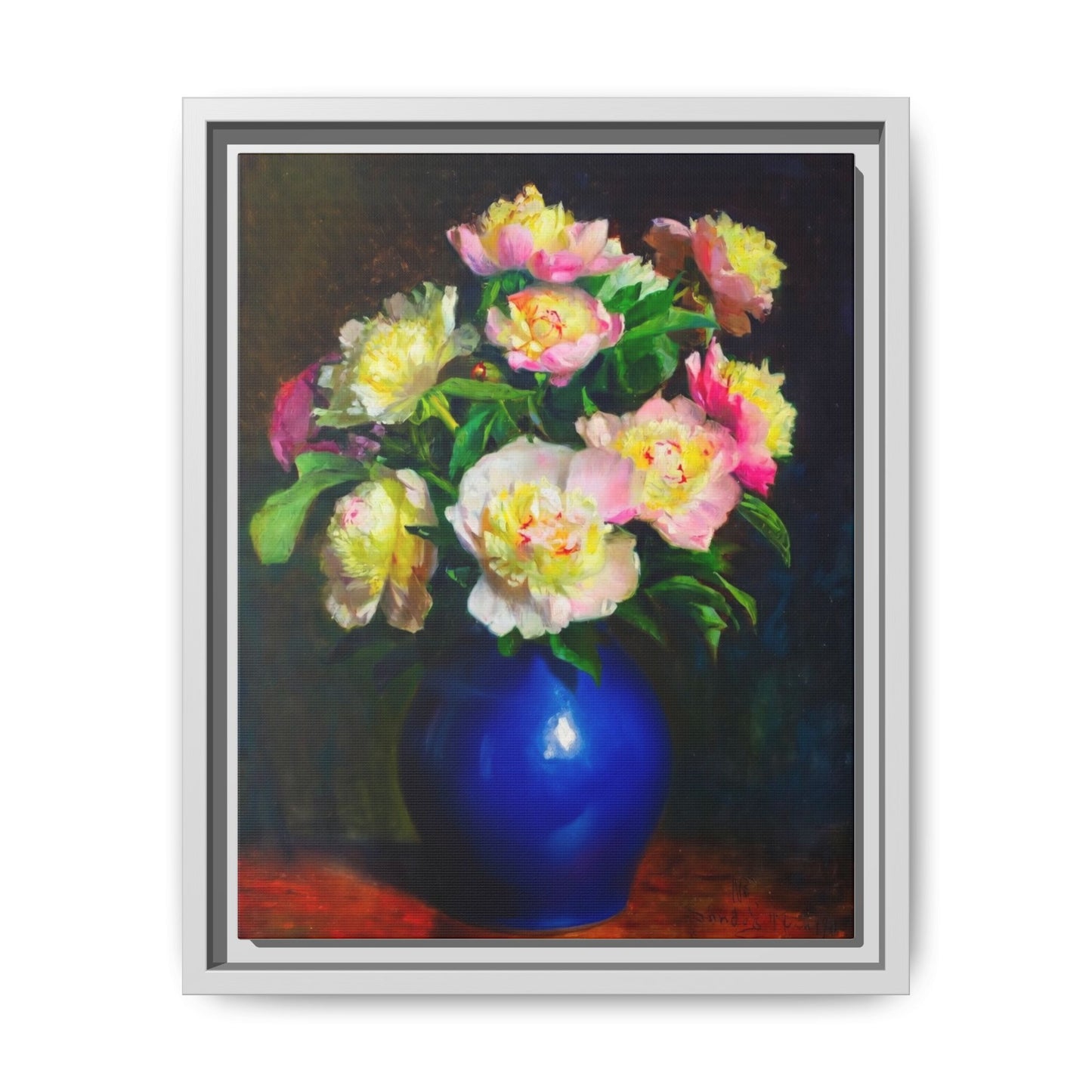 Framed Matte Canvas Wall Art — Vintage Floral Bouquet in Blue Vase