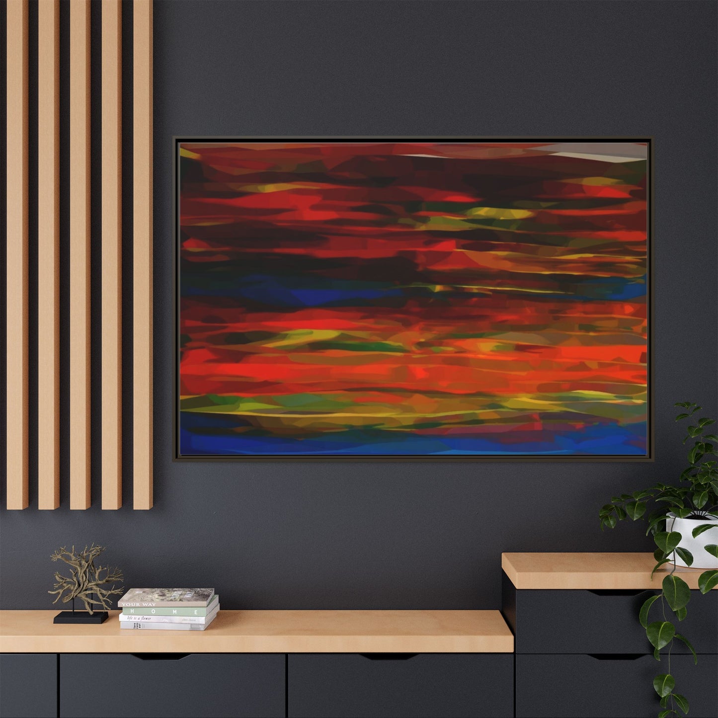 Abstract Multi-Color Matte Canvas Framed Wall Art — Bold Red & Blue Modern Painting