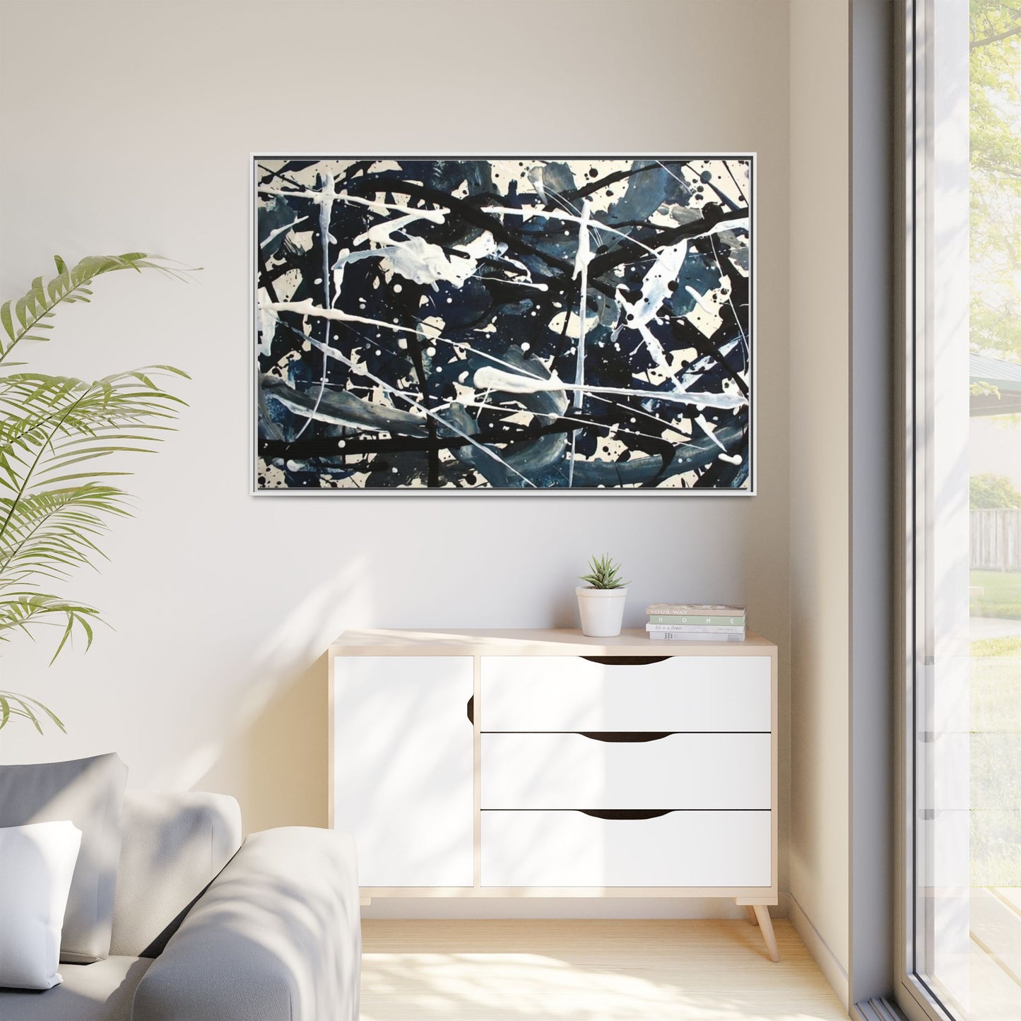 Abstract Splatter Matte Canvas Framed Wall Art — Black & Blue Modern Art Print